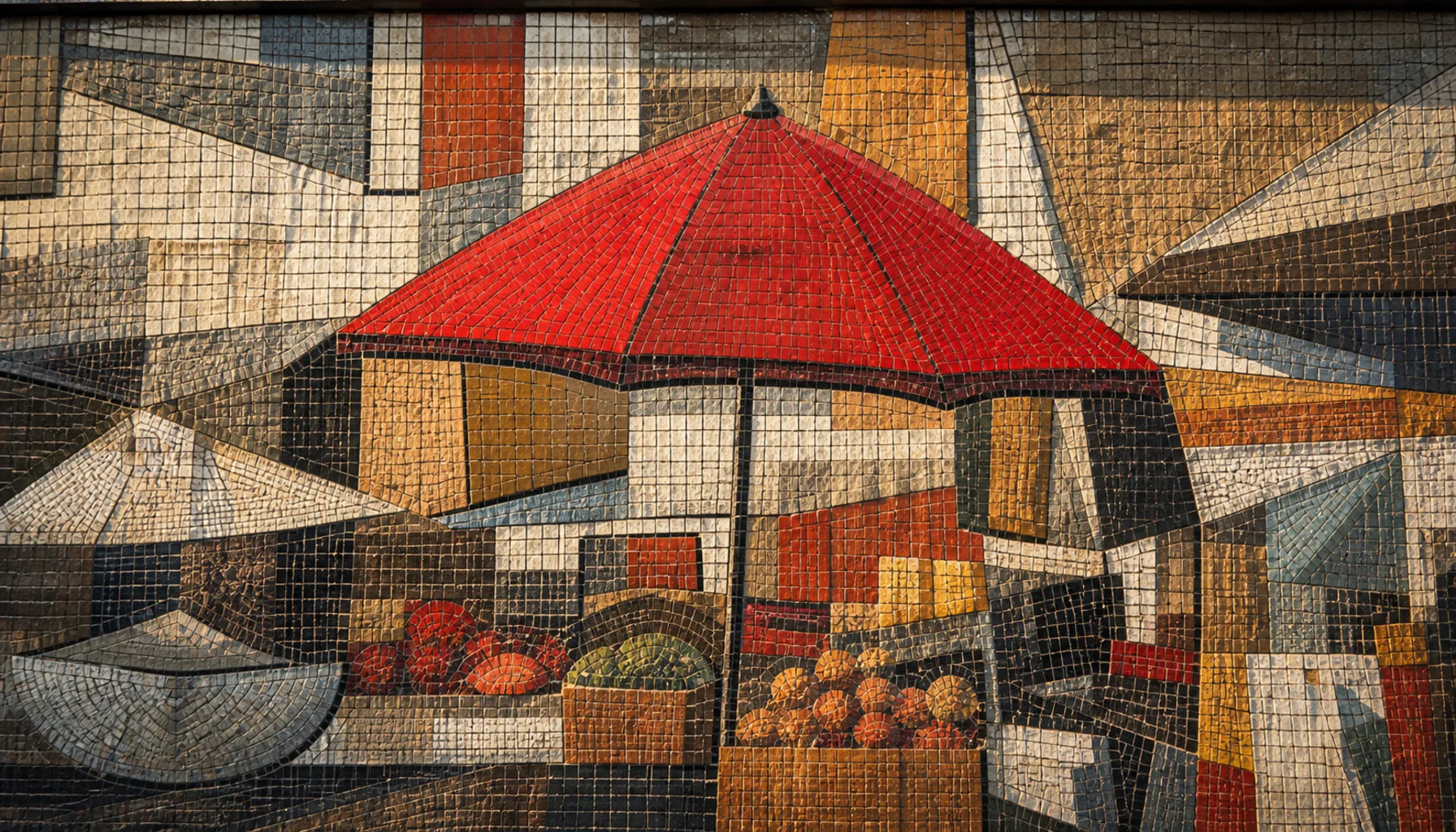 A close study of the mosaic — thousands of small tiles abstracting a market scene around a single red parasol shape