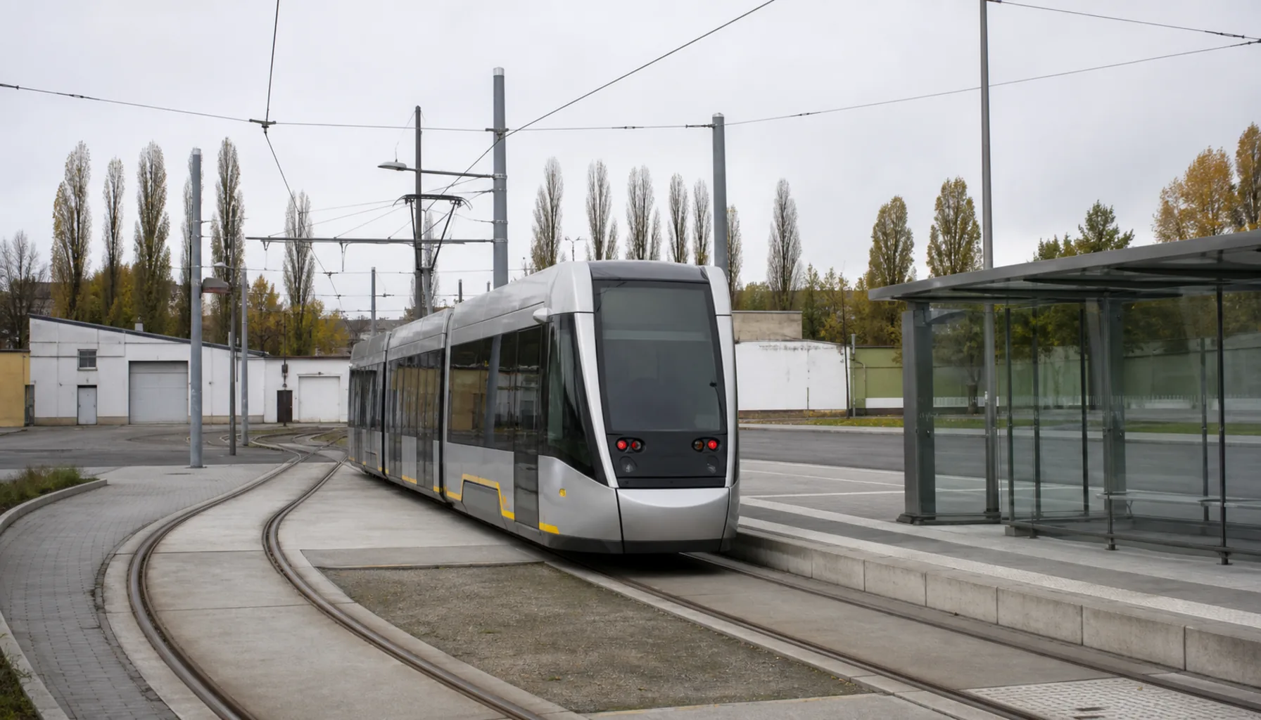 The tram stop on Cesta na Senec — rails, overhead wires and a tram waiting at the end of the line