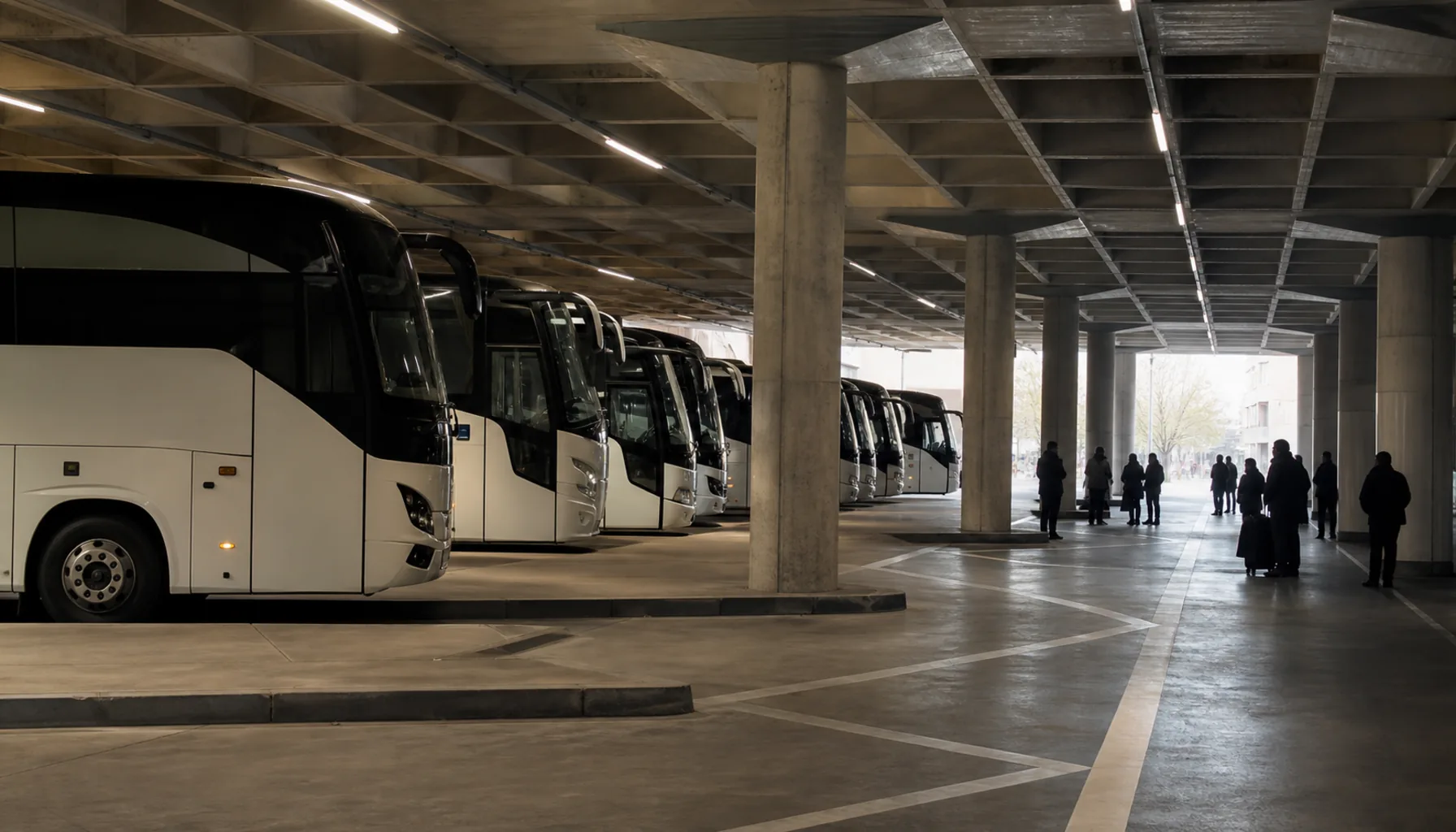 The covered bus deck on level −1 — coaches drawn up nose-in under a low ceiling