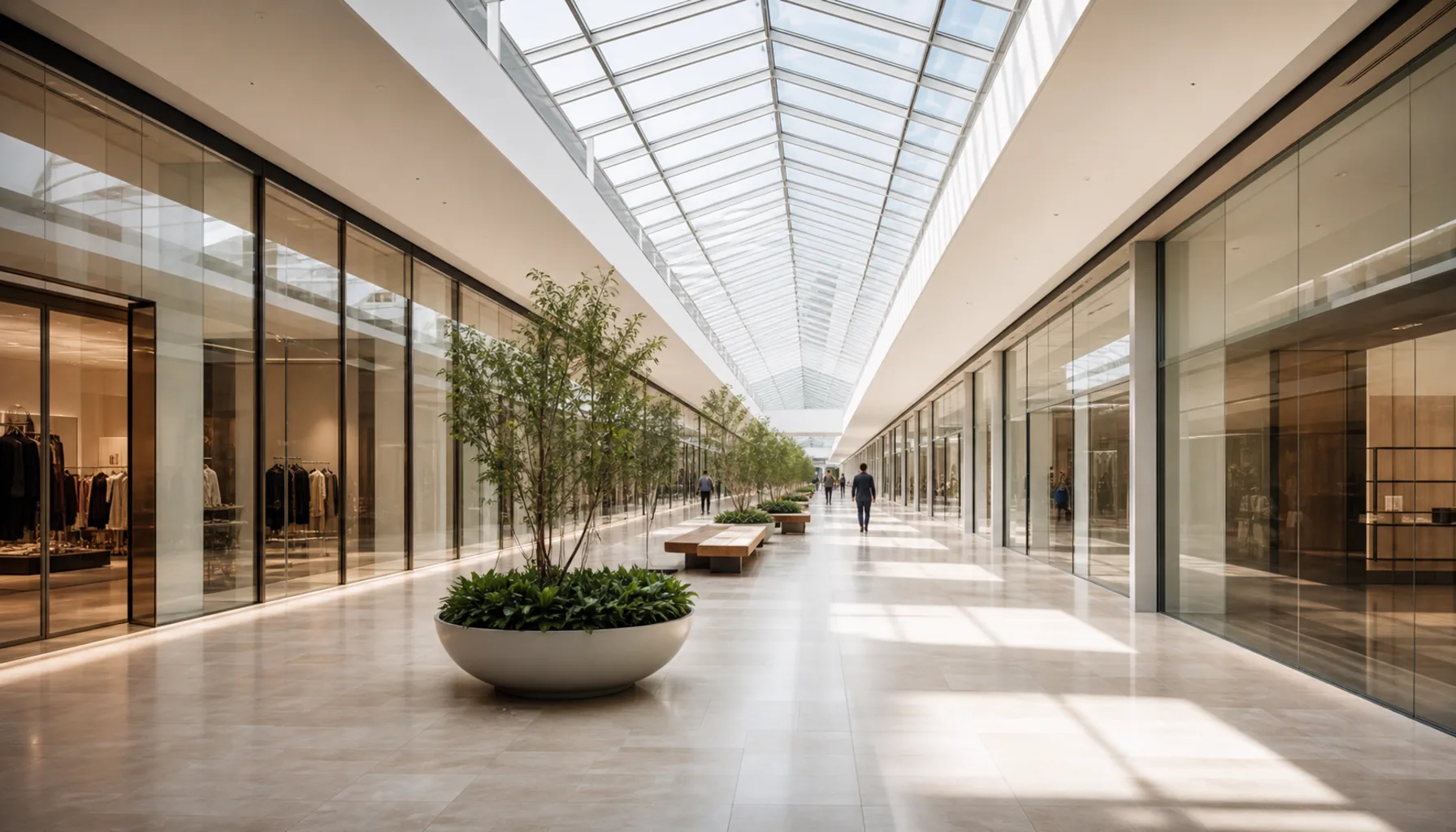 The straight internal mall under its rooflights, running the length of the building from end to end