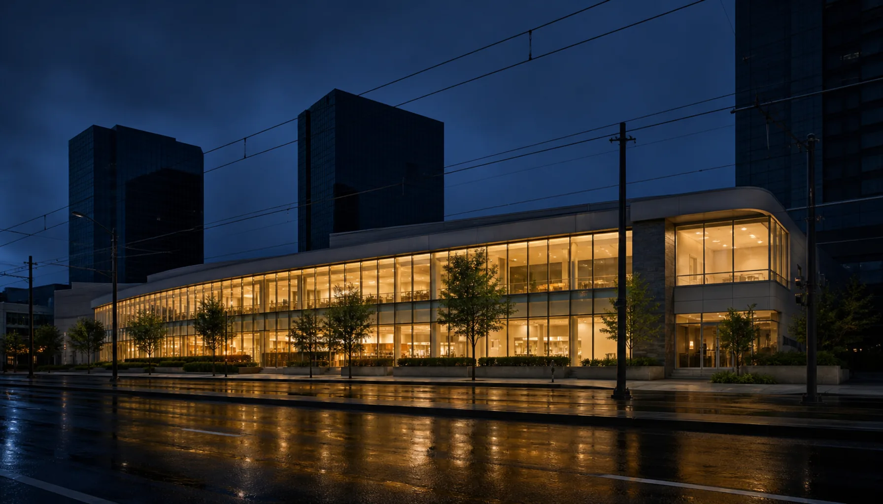 The centre after dark from across Vajnorská — lit glazing, wet asphalt, the office towers unlit above it