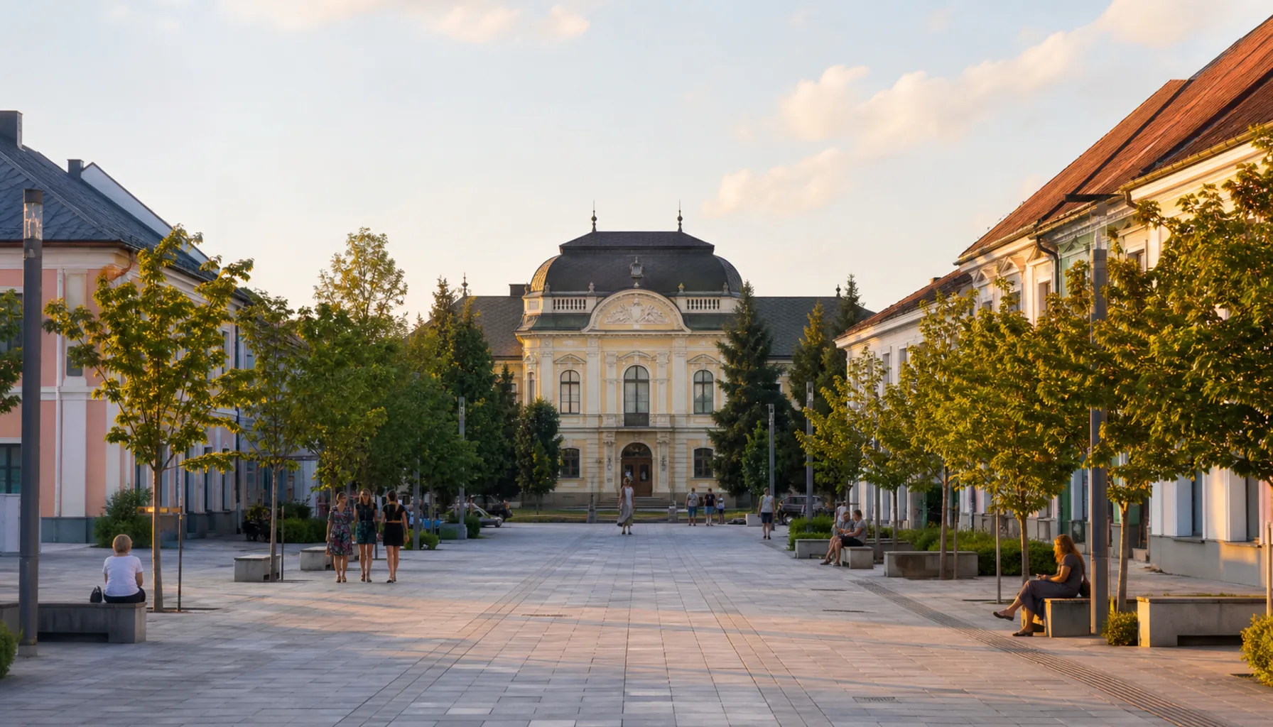 The pedestrian zone of Michalovce, a few hundred metres from the centre — low-rise streets and the Sztáray manor house that holds the Zemplín Museum