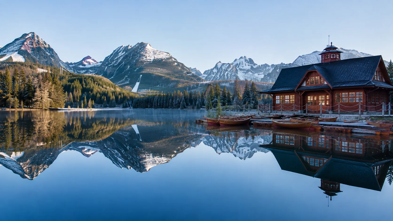 Morning stillness on Štrbské Pleso, the ridgeline doubled in the water