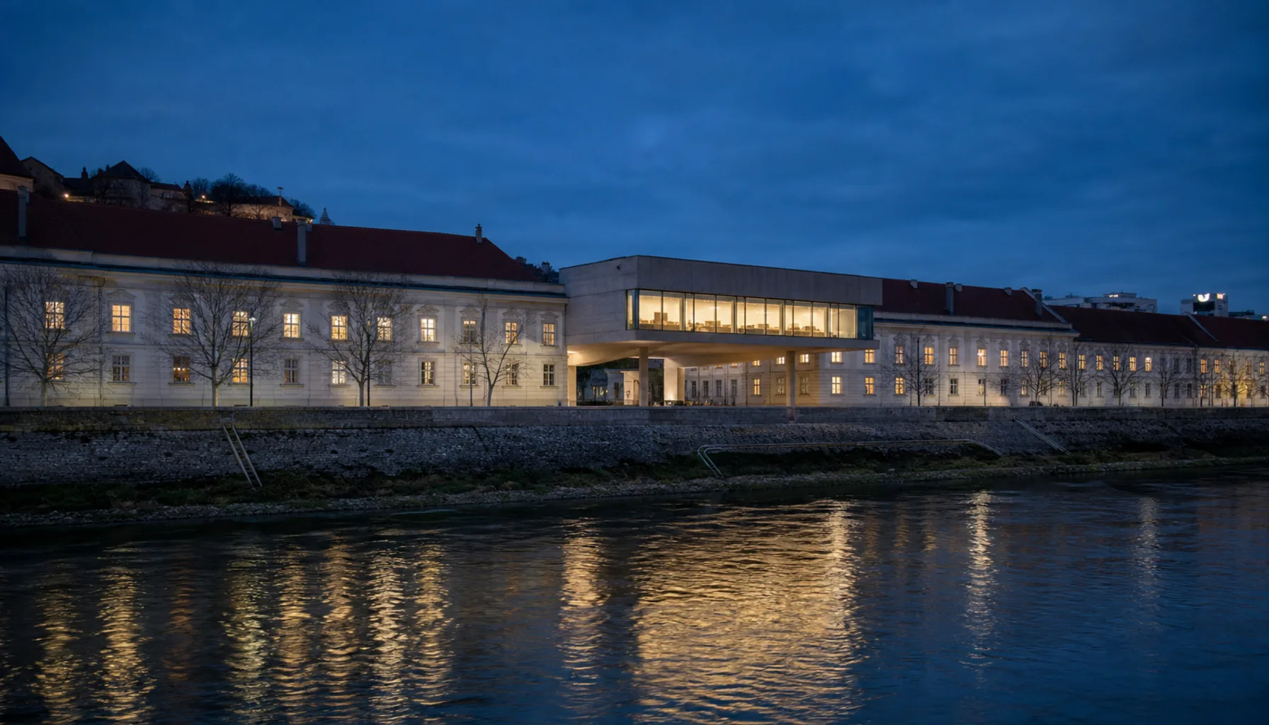 The Slovak National Gallery on the Danube embankment in Bratislava, its raised wing bridging the old barracks courtyard