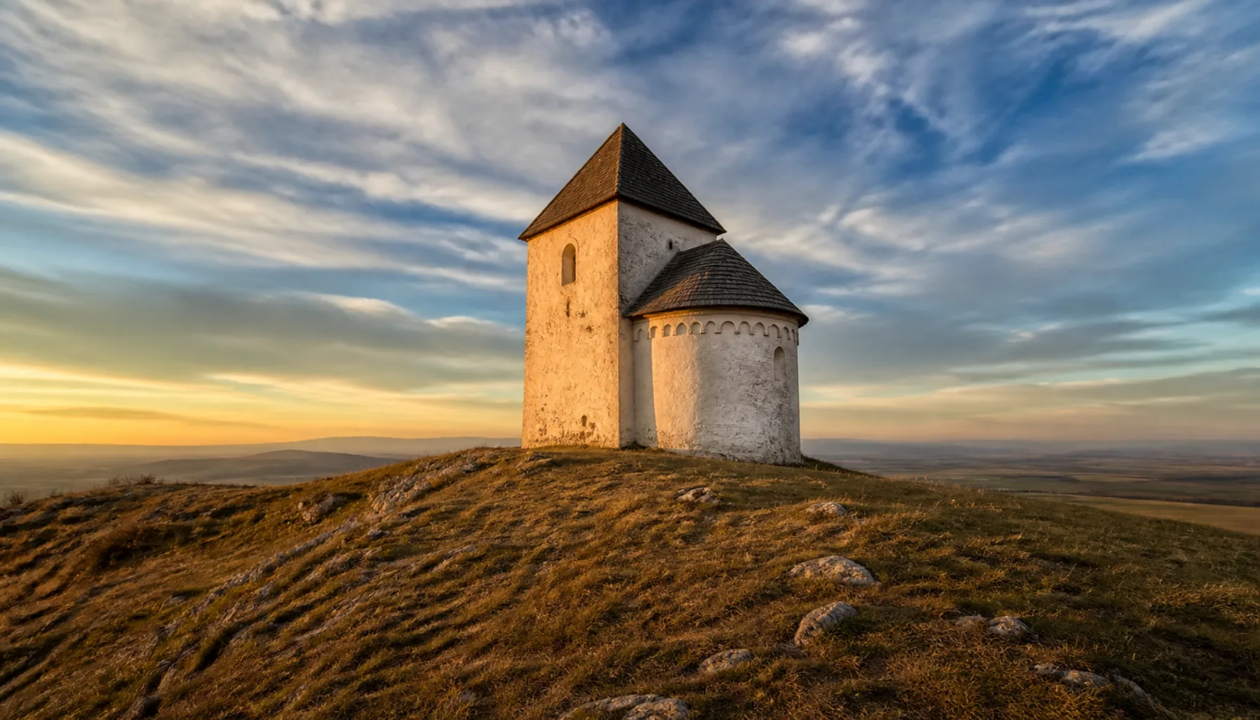 The Romanesque church of St Michael standing alone on its ridge above Dražovce