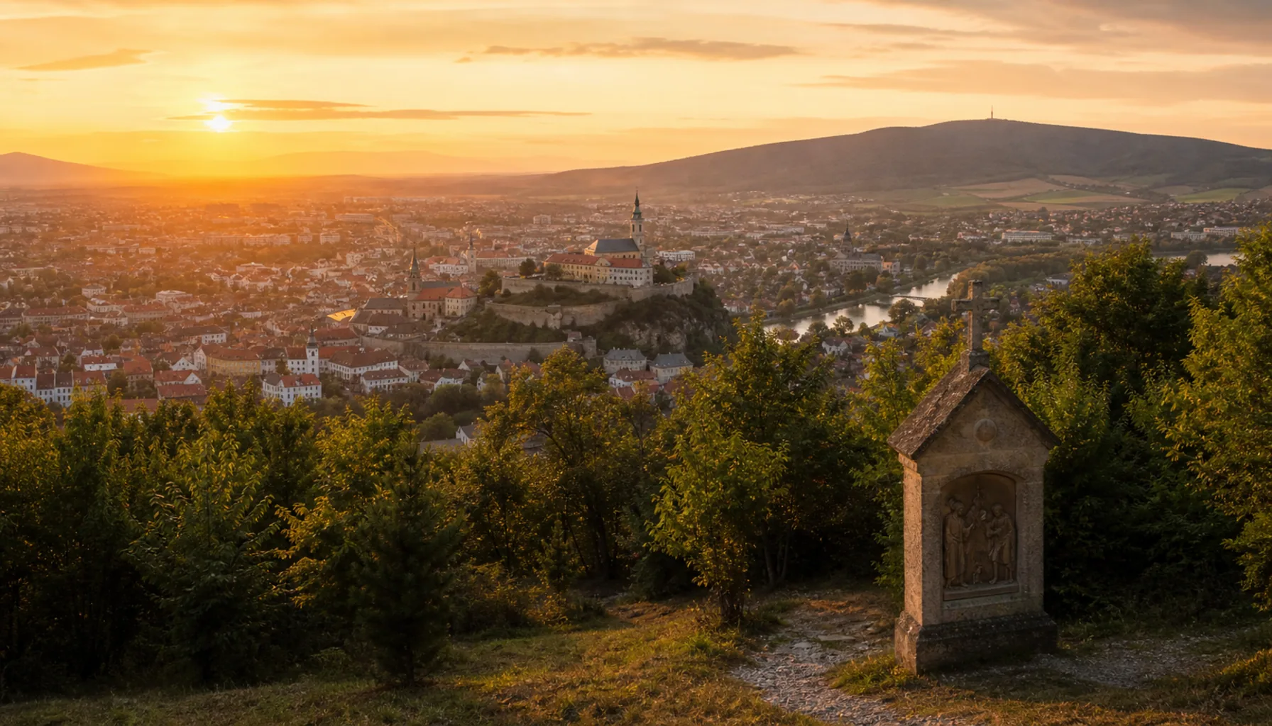 Nitra seen from Kalvária at sunset, the castle rock in the middle distance and Zobor beyond