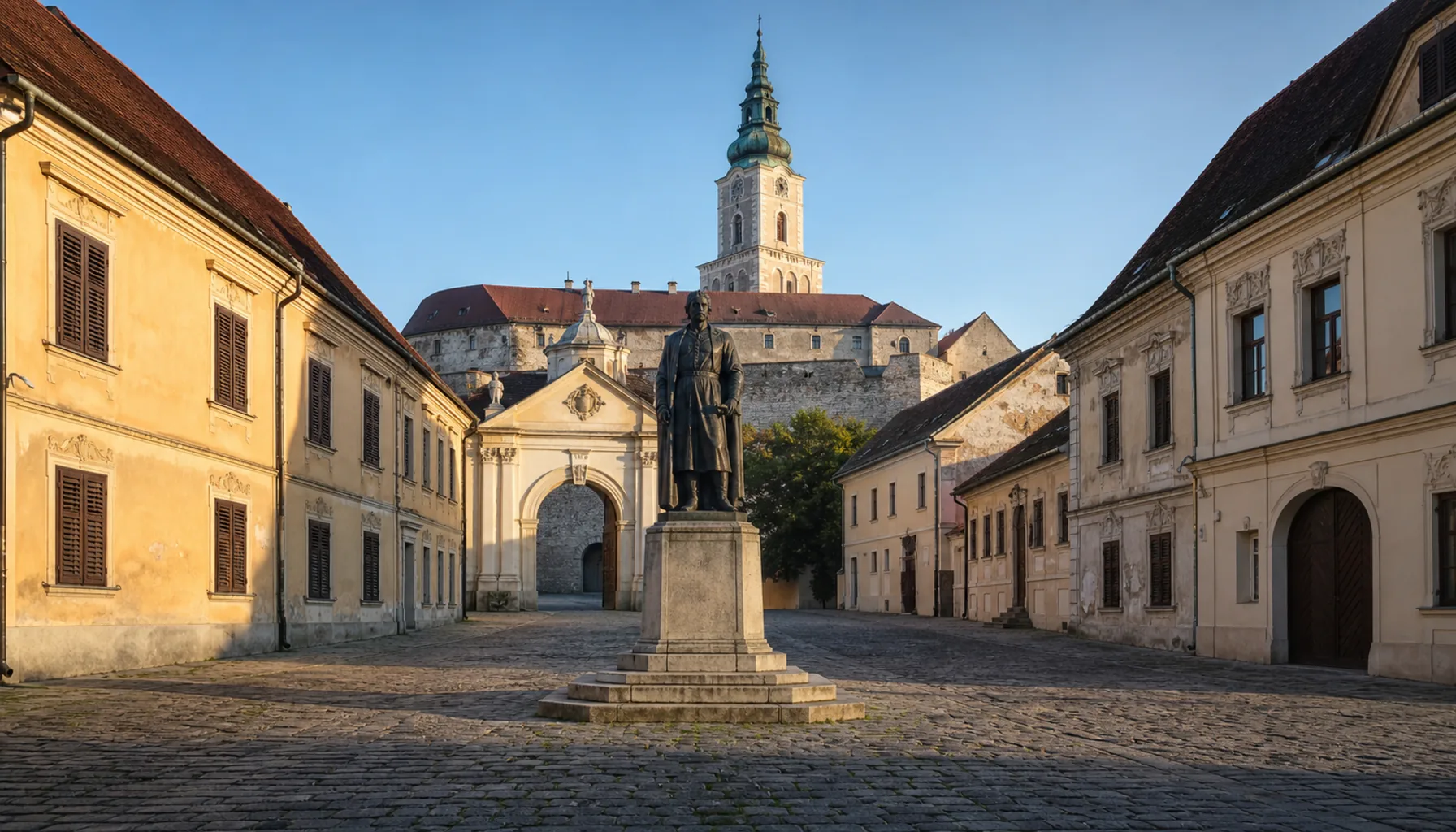 Pribina Square in the Upper Town, with the castle gate rising behind the chapter houses