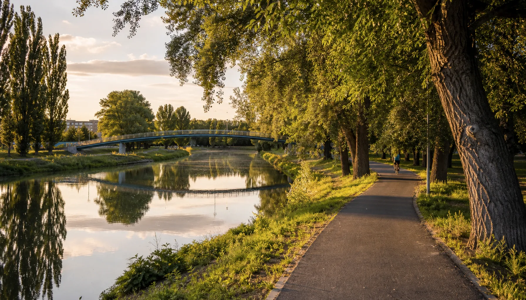 The Nitra riverbank on a summer evening, with the cycle path running under the trees