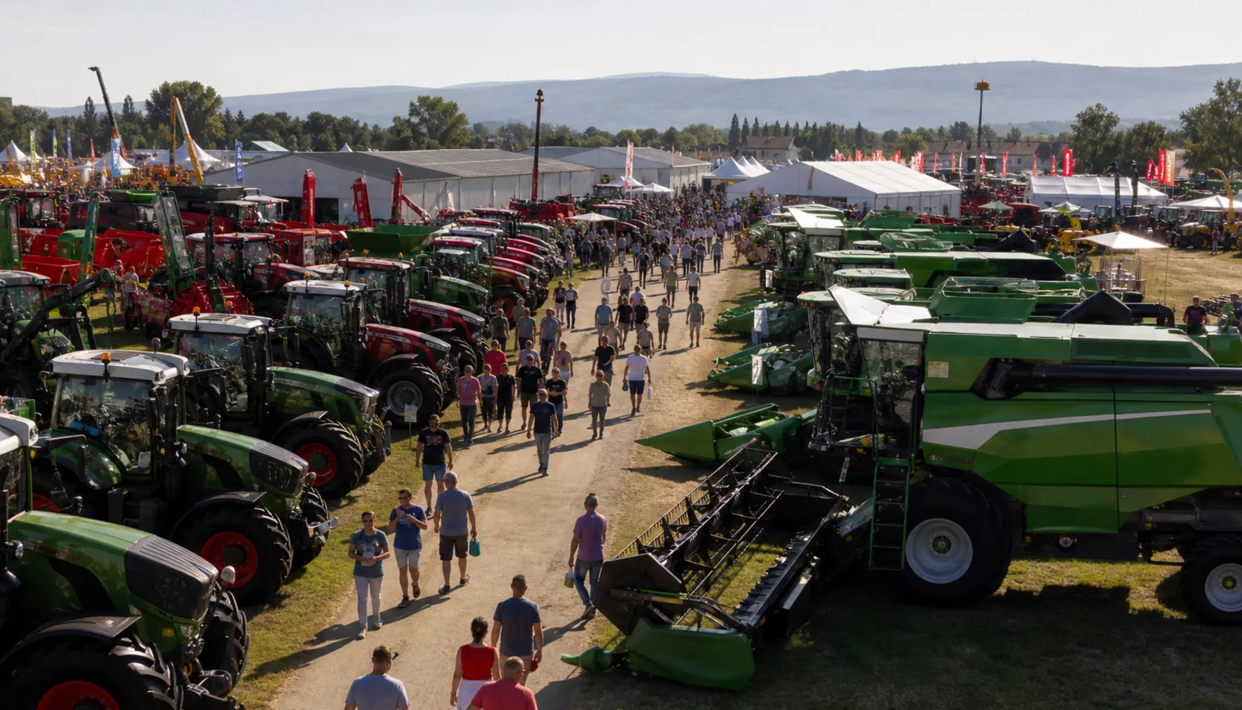 Rows of farm machinery on the outdoor grounds of the national exhibition centre during the August fair