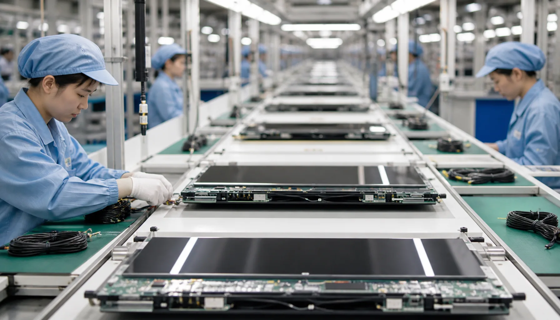 A consumer-electronics assembly line under bright even light, flat panels moving along a conveyor