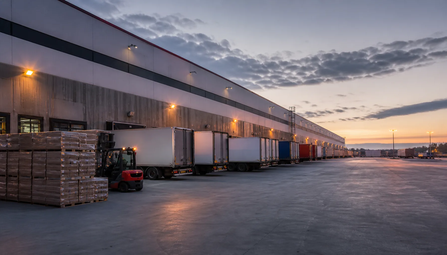 A logistics yard on Nitra's southern industrial belt at first light — loading bays, trailers and stacked pallets