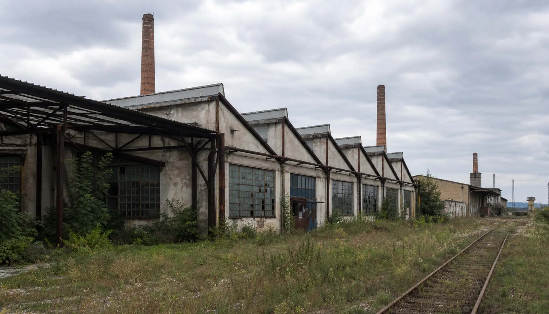 Brick chimneys and saw-tooth roofs of an older industrial quarter on the edge of Nitra
