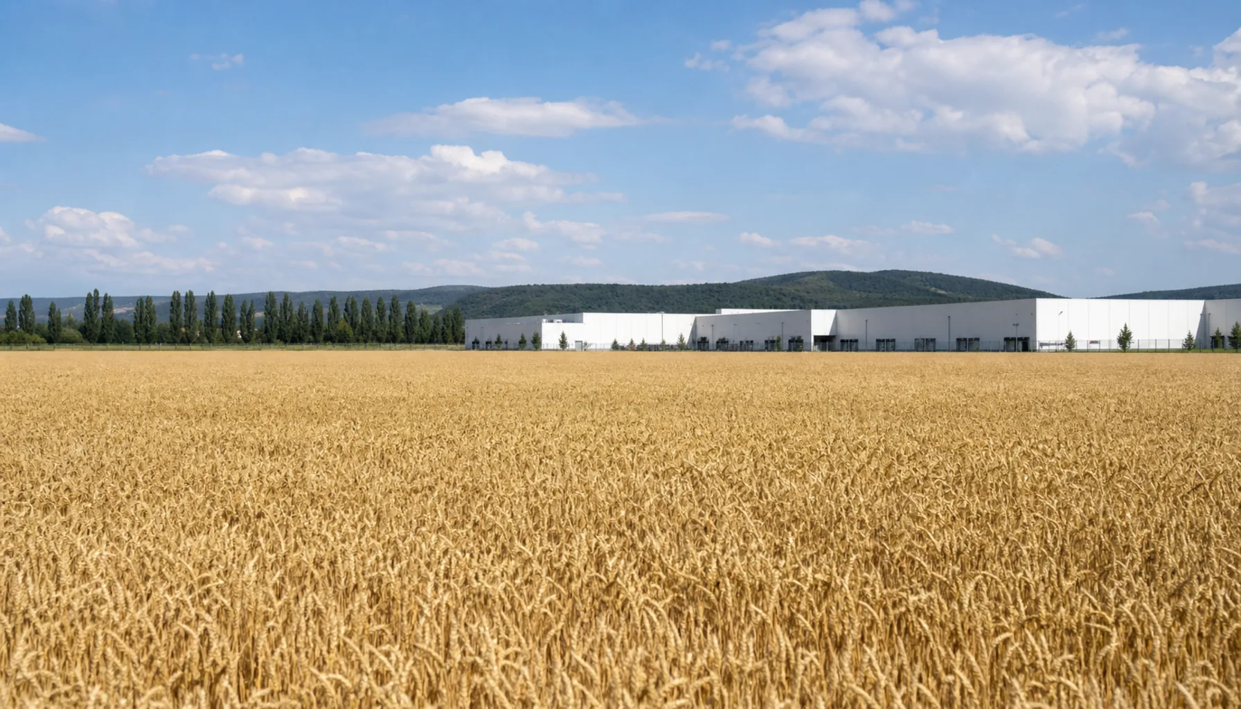 Wheat fields running up to the edge of new white production halls on the plain north-west of Nitra