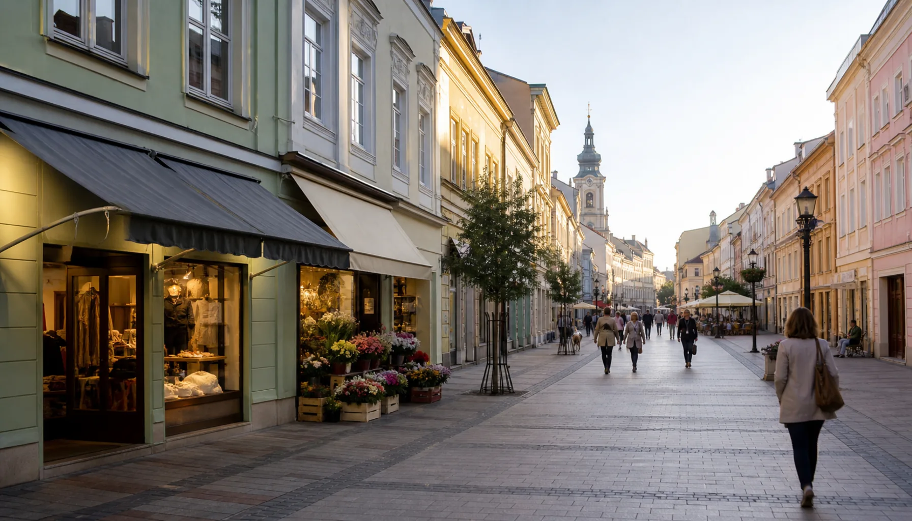 The main retail street of Nitra's old town on a weekday morning, awnings out and shop windows lit