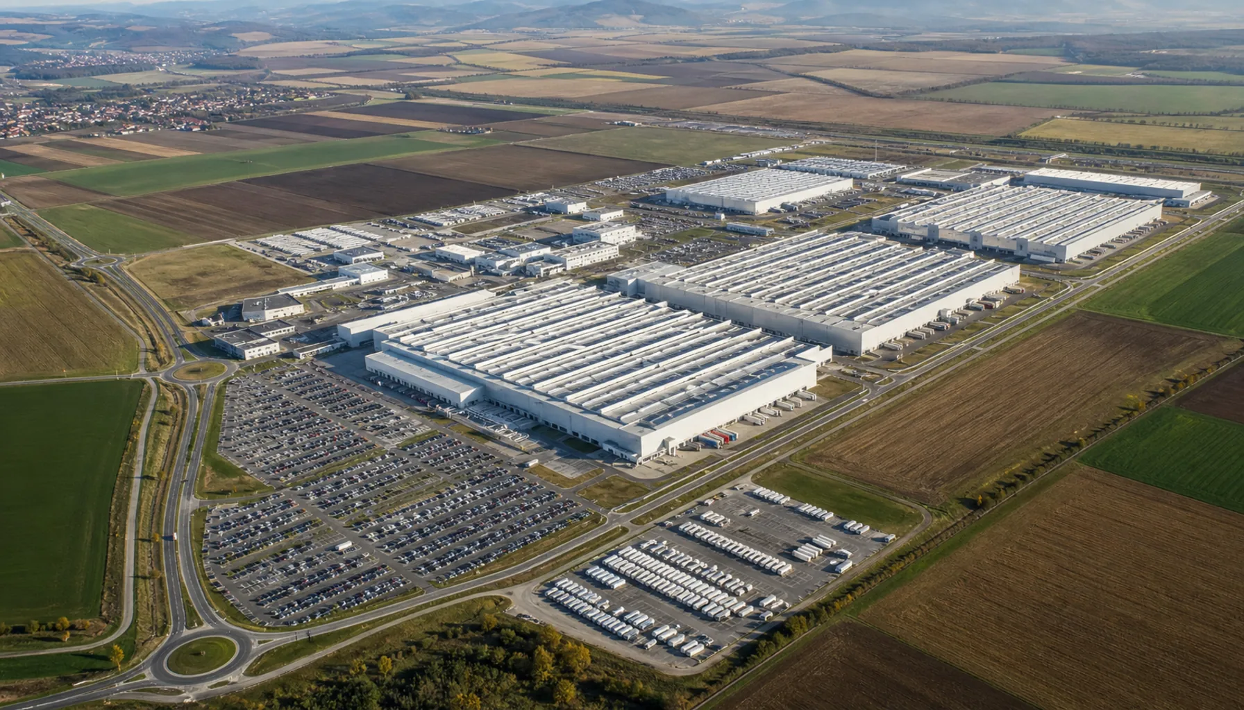Aerial view of a greenfield strategic park on the plain near Lužianky — assembly halls, access roads and supplier lots