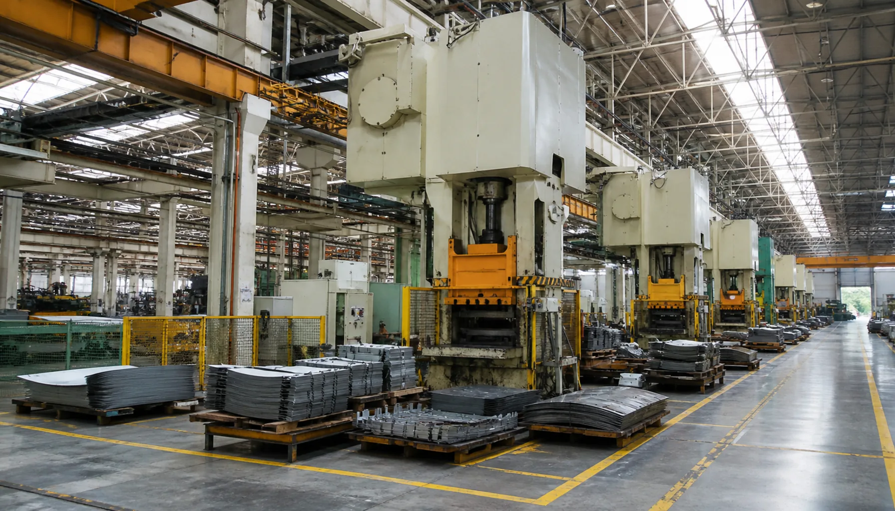 Inside a tier-one supplier hall: presses, stacked steel blanks and overhead conveyors under high roof lights