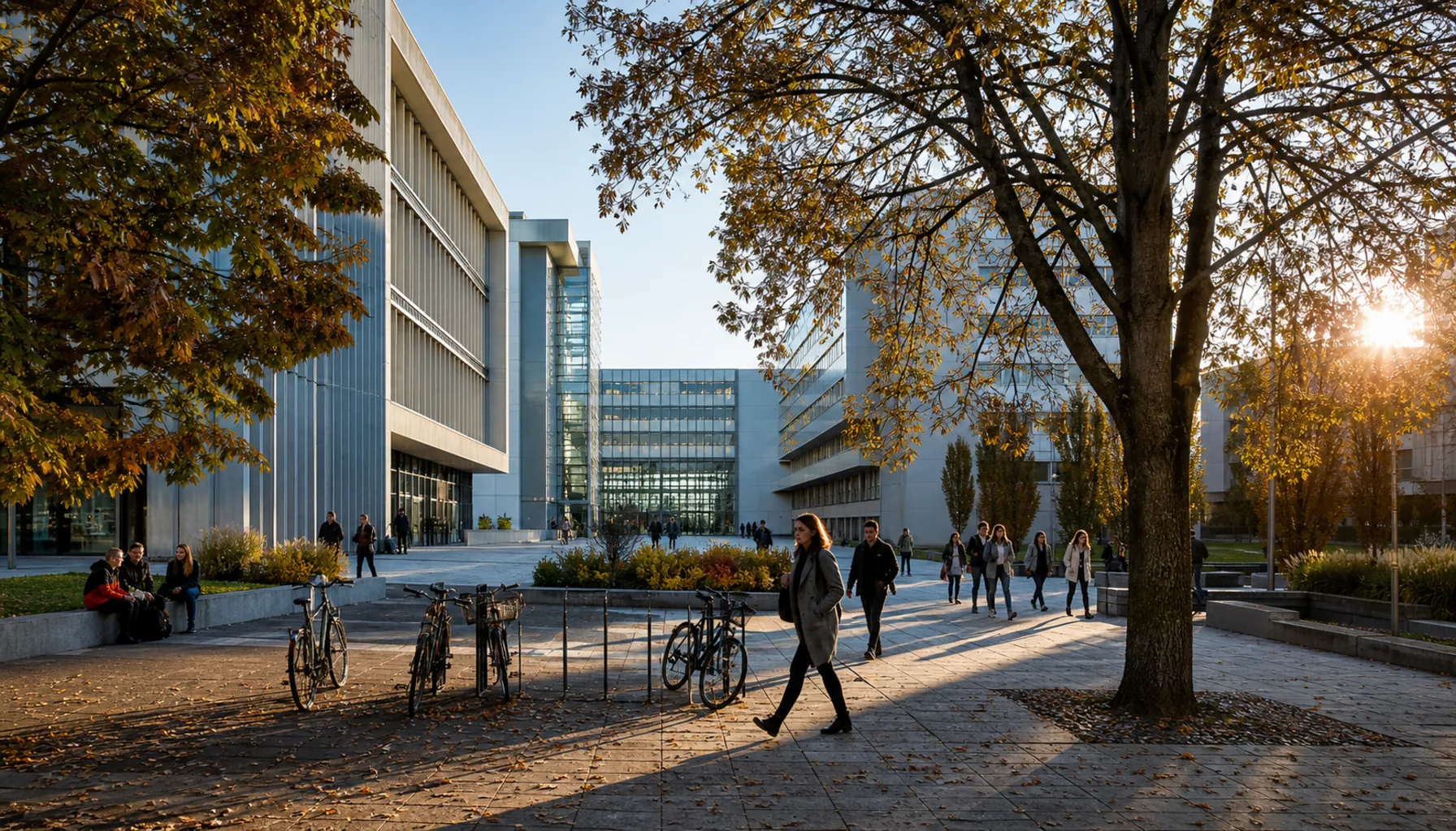 A university campus quarter in Nitra in term time — lecture blocks, bicycles and students crossing between buildings