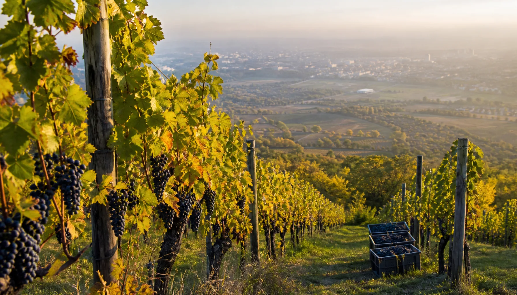 Vine rows on the slopes above Nitra at harvest time, the plain hazy in the distance
