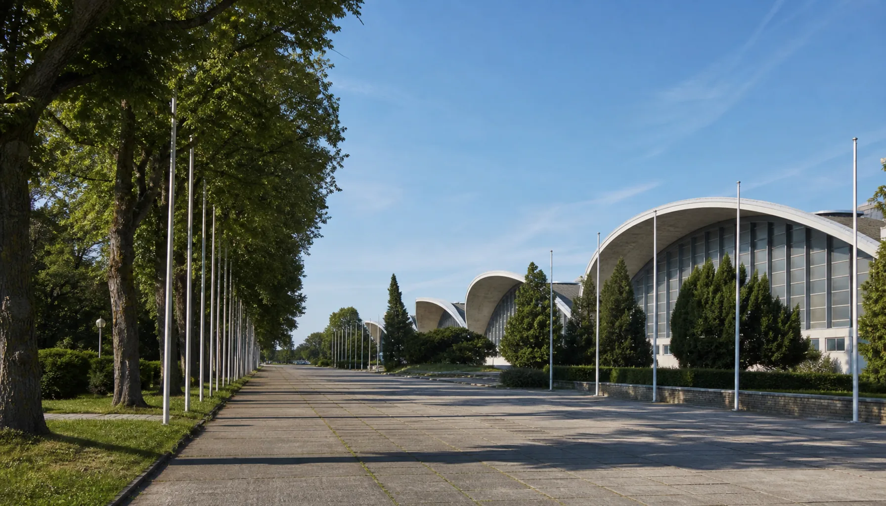 The broad avenues and pavilion halls of the national exhibition grounds in Nitra's Chrenová quarter