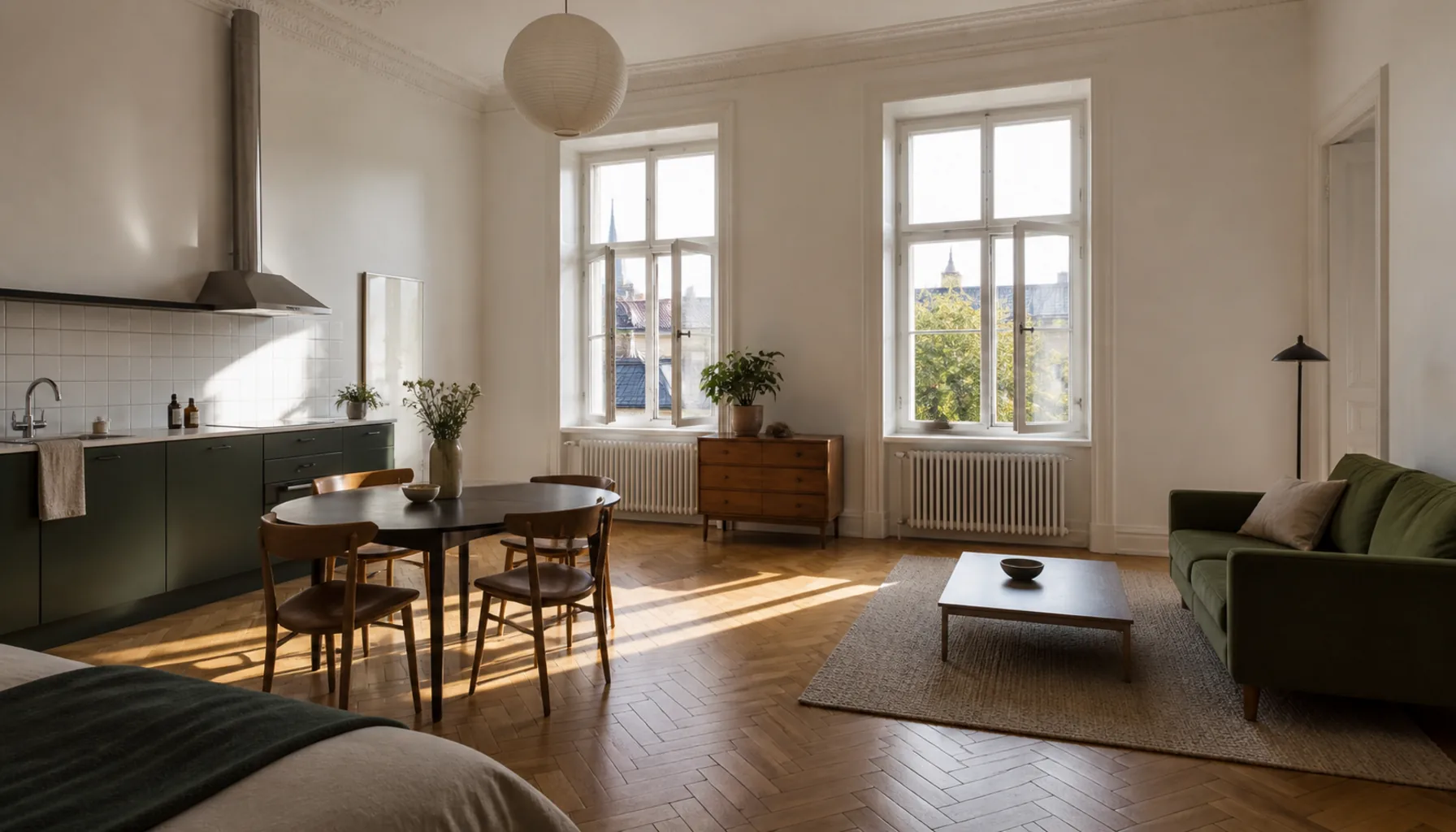 A renovated short-let apartment in an older central building, morning light through tall windows