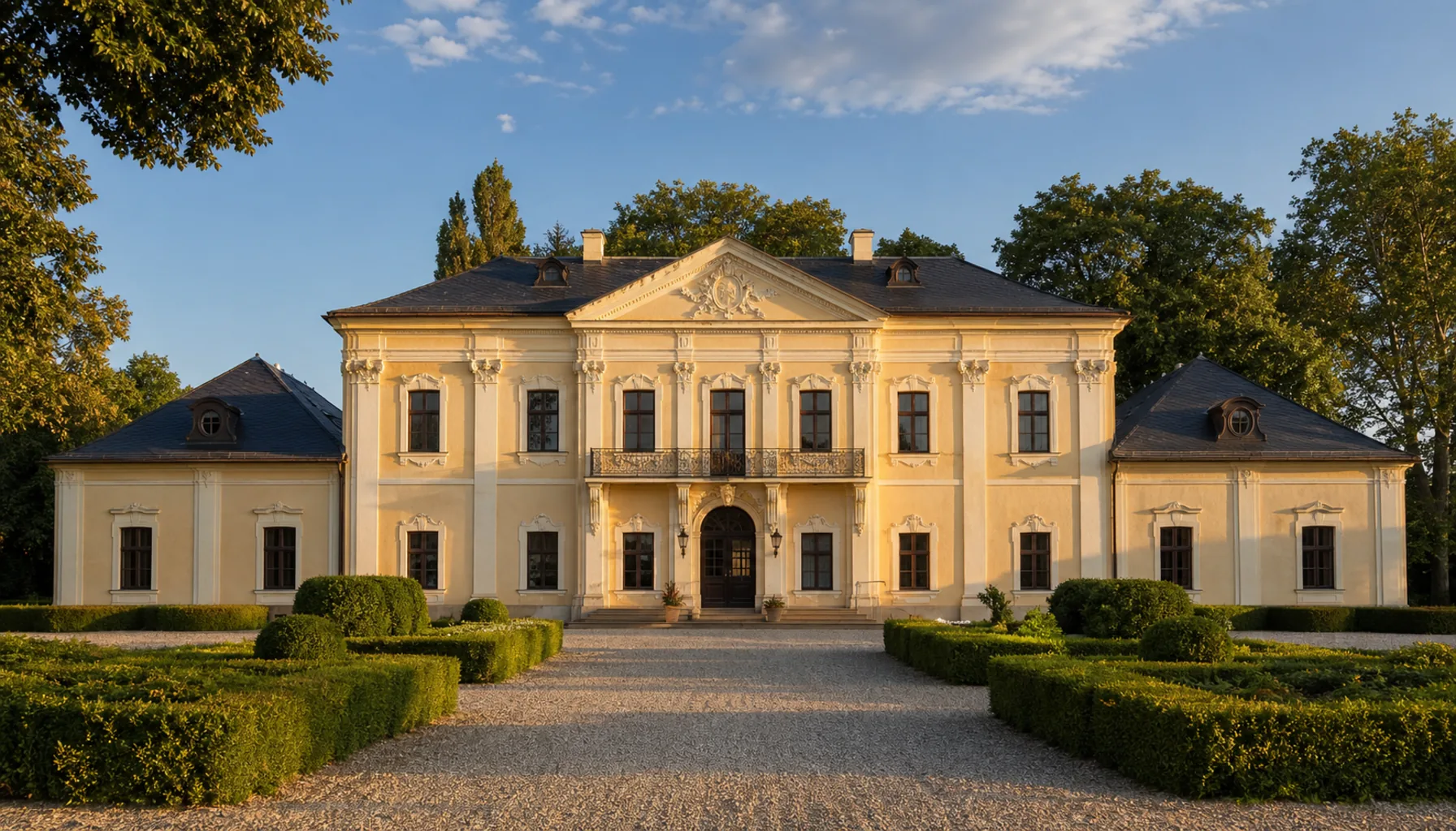 A restored kaštieľ in a village on the plain south of Nitra, its park in late afternoon light
