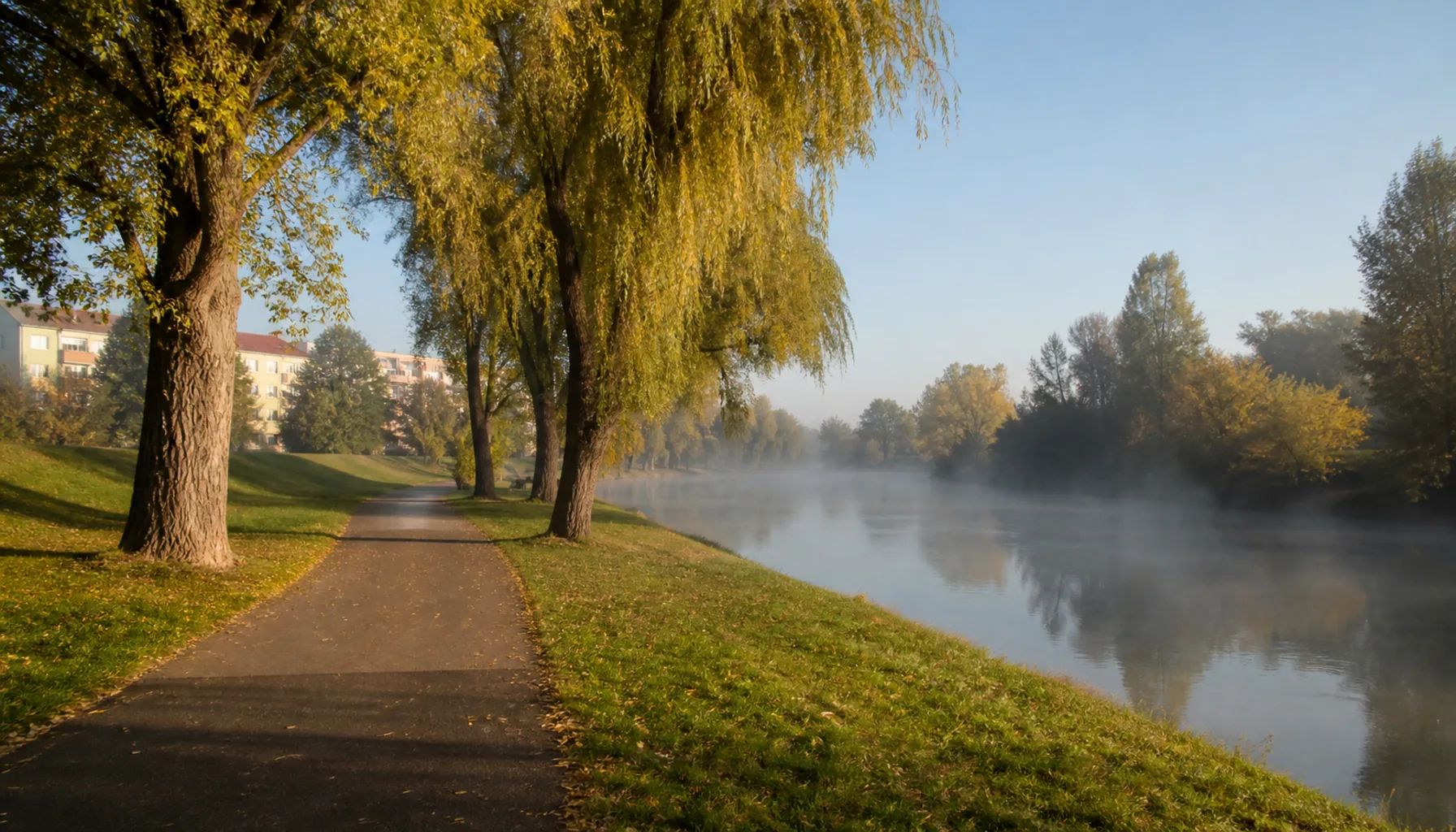 The parkland path along the river Nitra, halfway between the centre and the eastern quarters