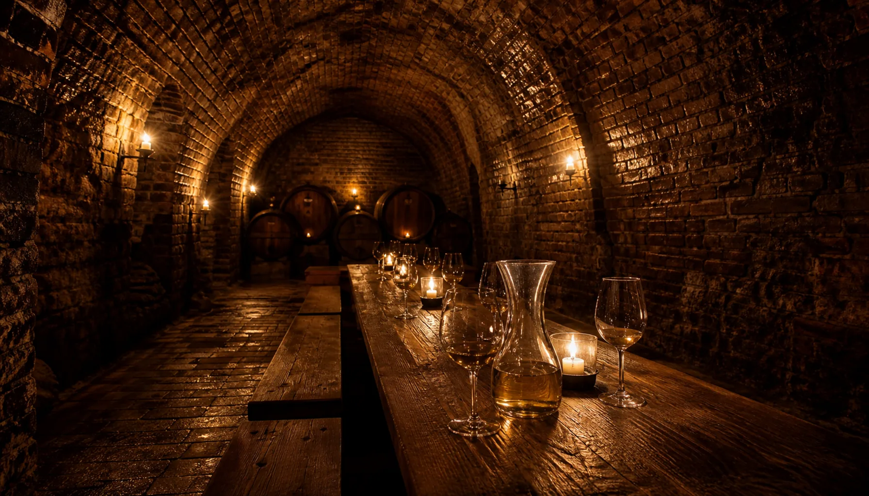 A vaulted wine cellar with a tasting table, guest rooms above, in a village of the Nitra wine region