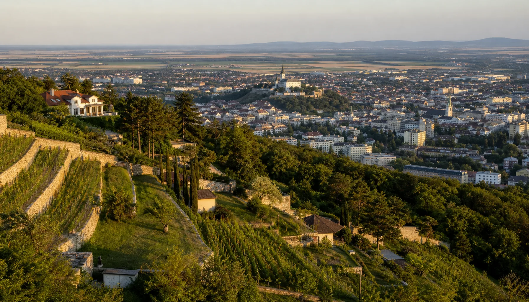 Villa gardens and vine terraces on the Zobor slope, the city of Nitra spread out below