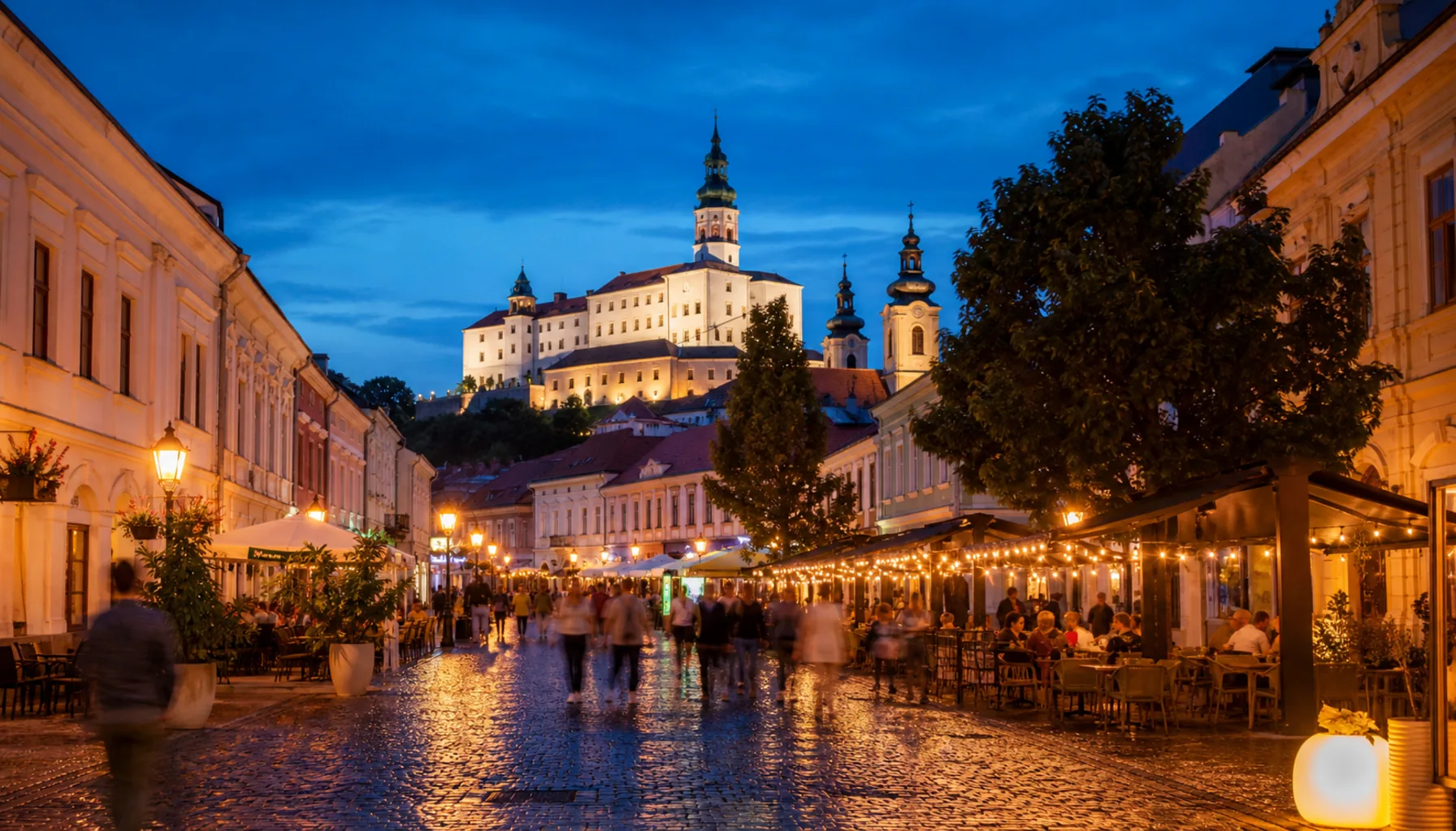 The pedestrian heart of the lower town on a summer evening, castle floodlit above