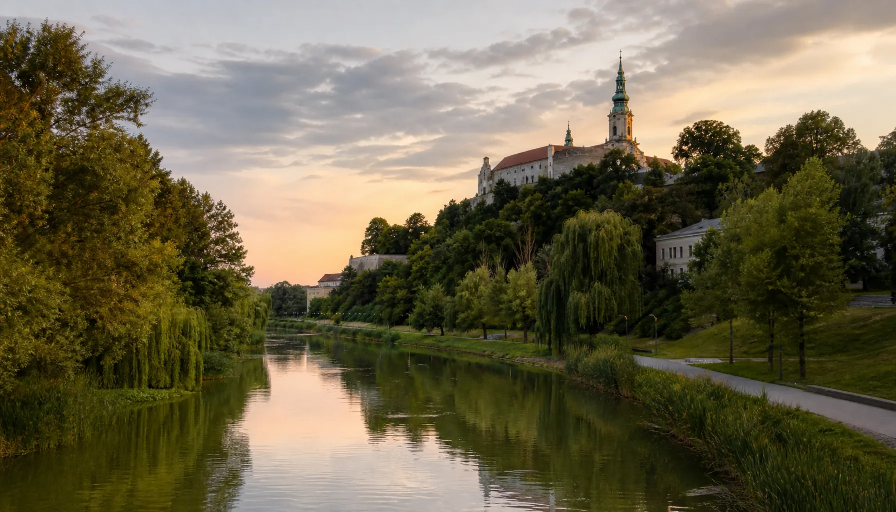 The Nitra river through the city, willows on the bank and the castle rock beyond