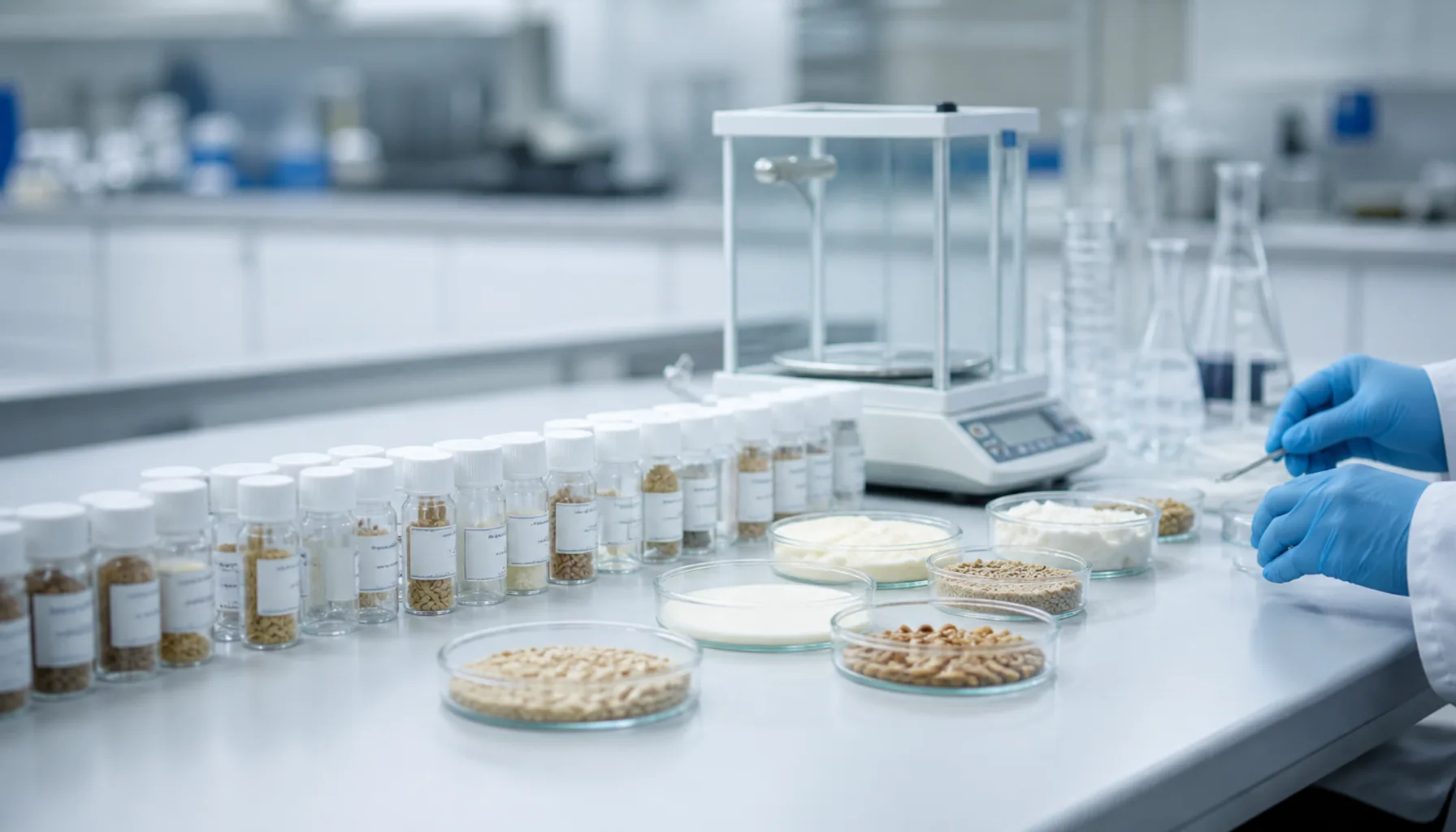 A food-science laboratory bench: samples, glassware and the quiet end of the food chain