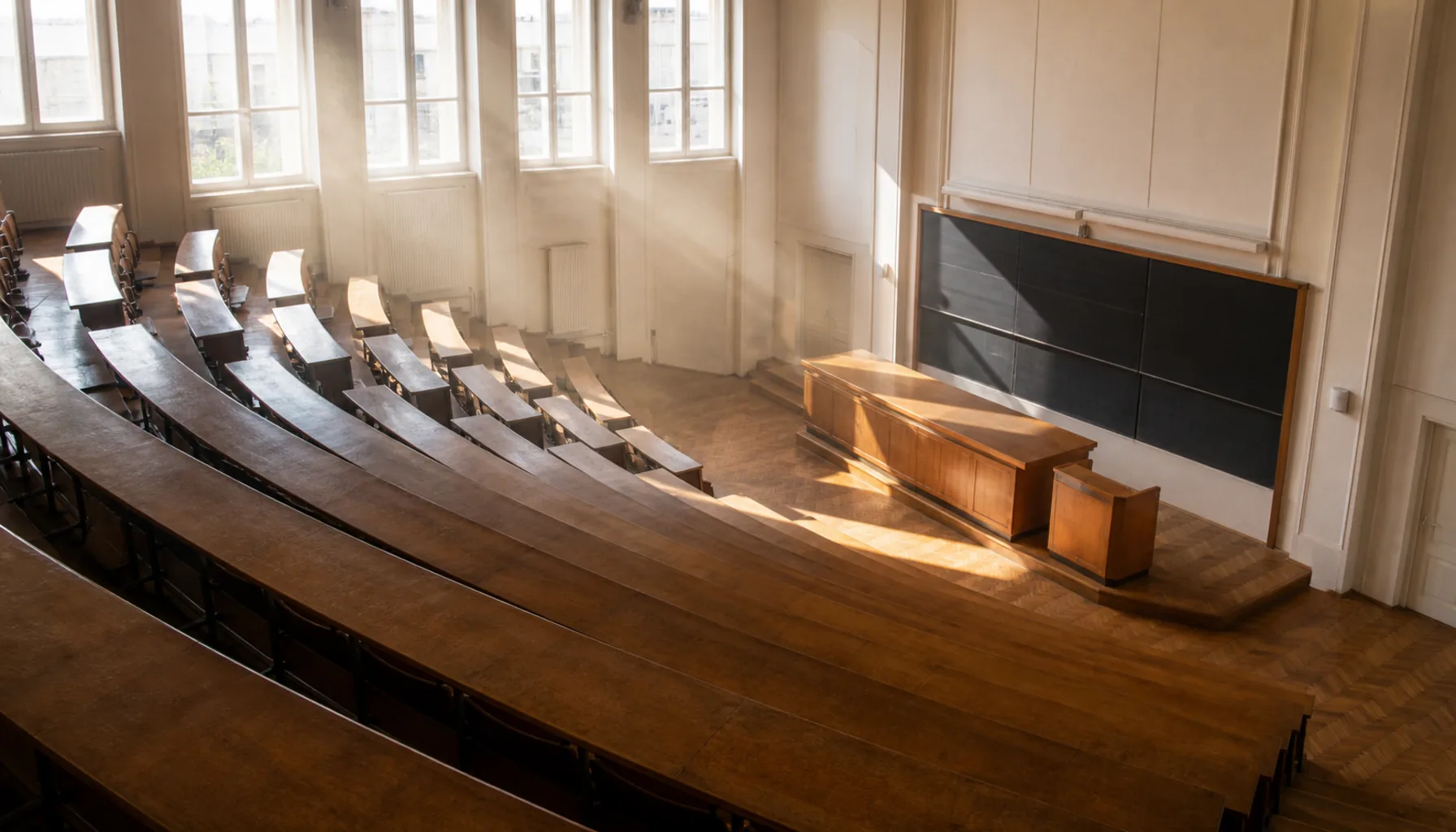 A raked lecture theatre between classes, daylight from the high side windows