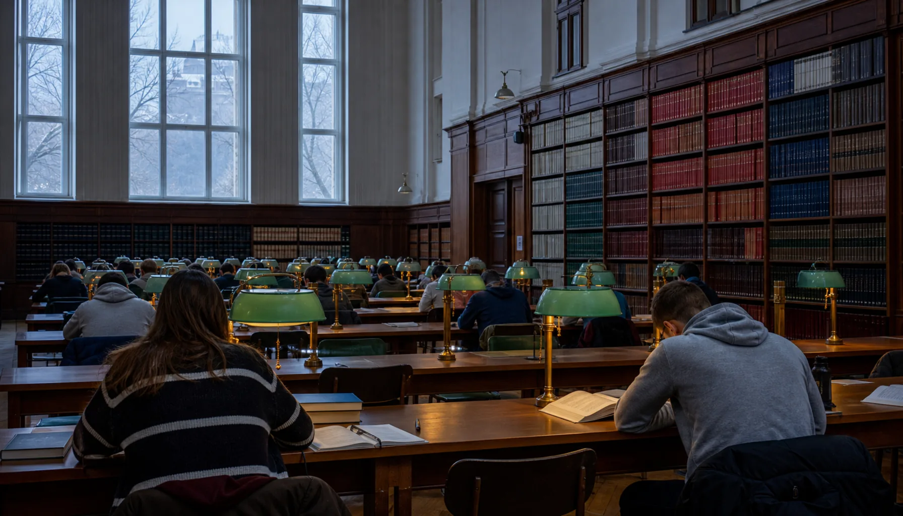 A university reading room in the examination weeks, long desks under winter daylight