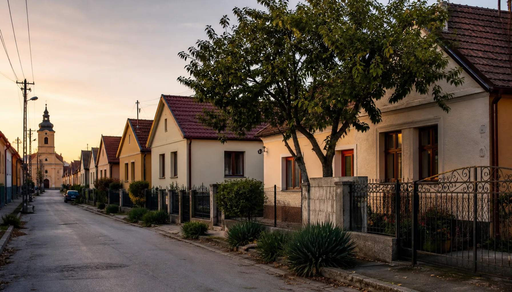 Horné Krškany — a village street of gable-end houses and front gardens absorbed into the city