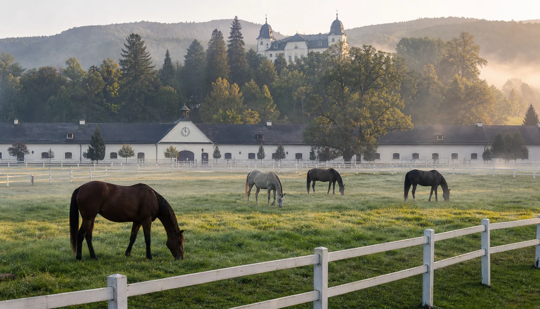Topoľčianky — horses in the paddocks of the national stud farm, with the château park behind