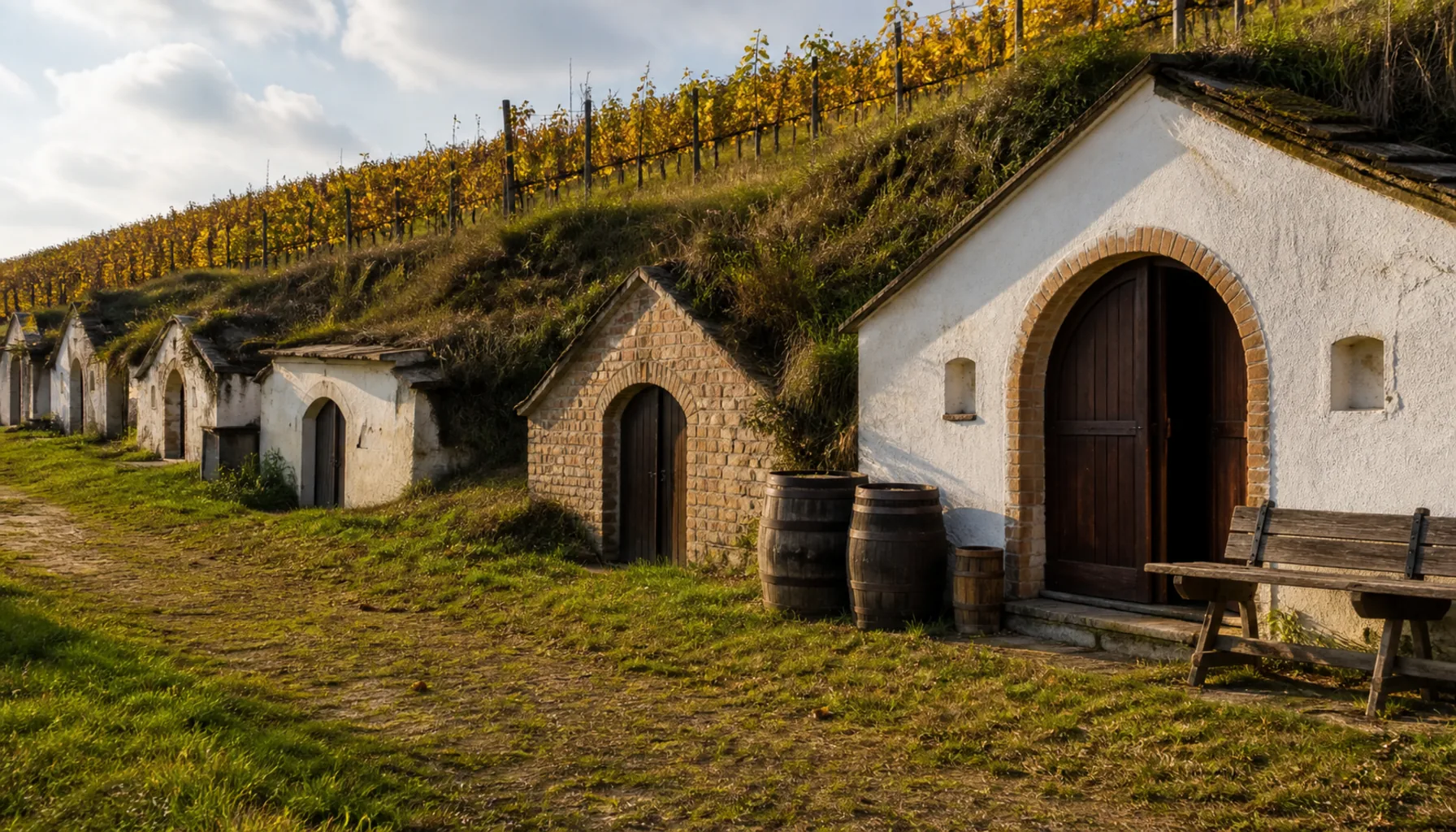 A lane of small family wine cellars dug into the hillside below the vine rows