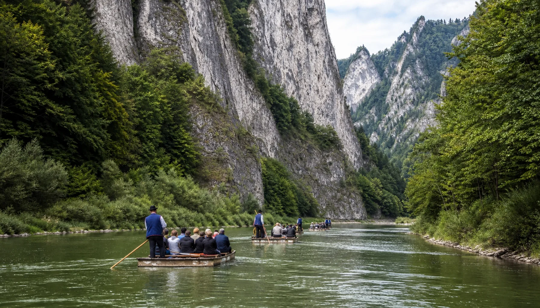 Traditional wooden plte rafts gliding through the Dunajec gorge beneath the crags of the Pieniny