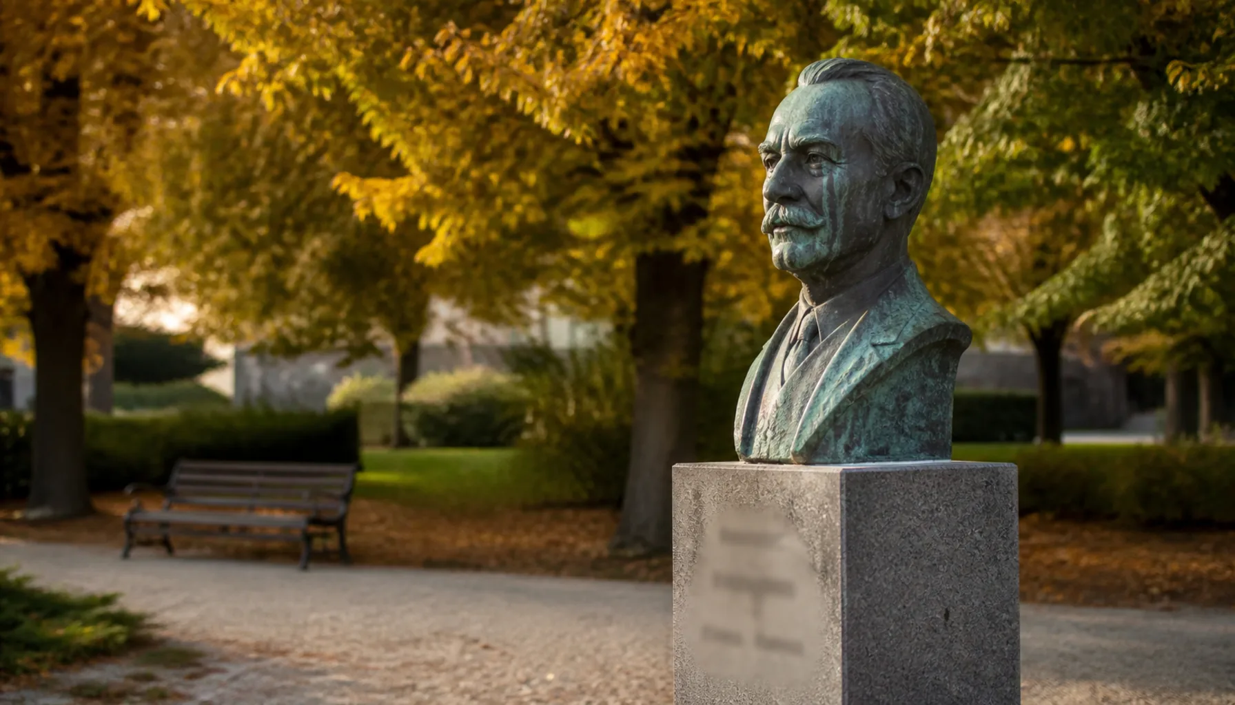 A bronze bust on a pedestal in a small-town park