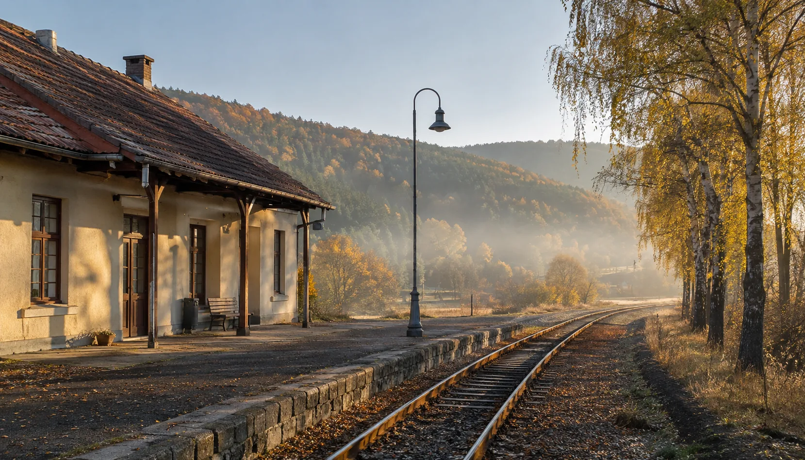 A rail platform in a Slovak country station on an autumn morning