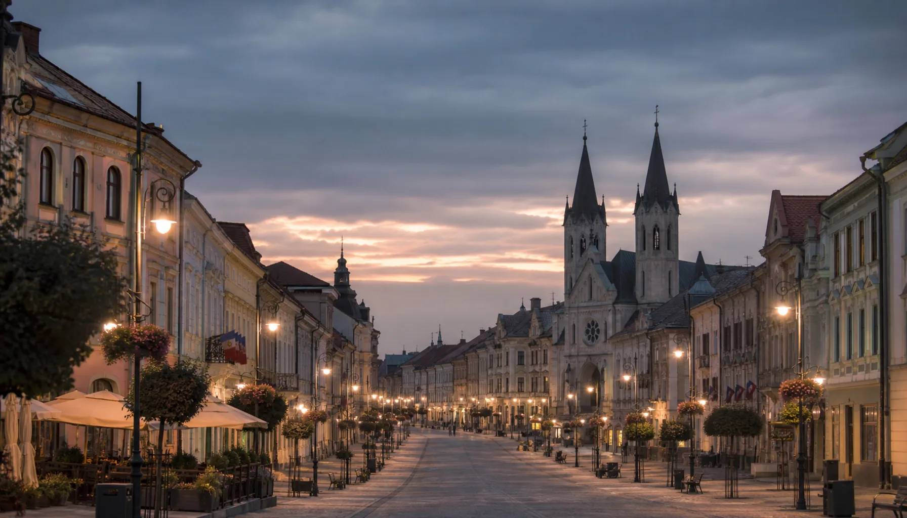 Prešov's main street at dusk — page background