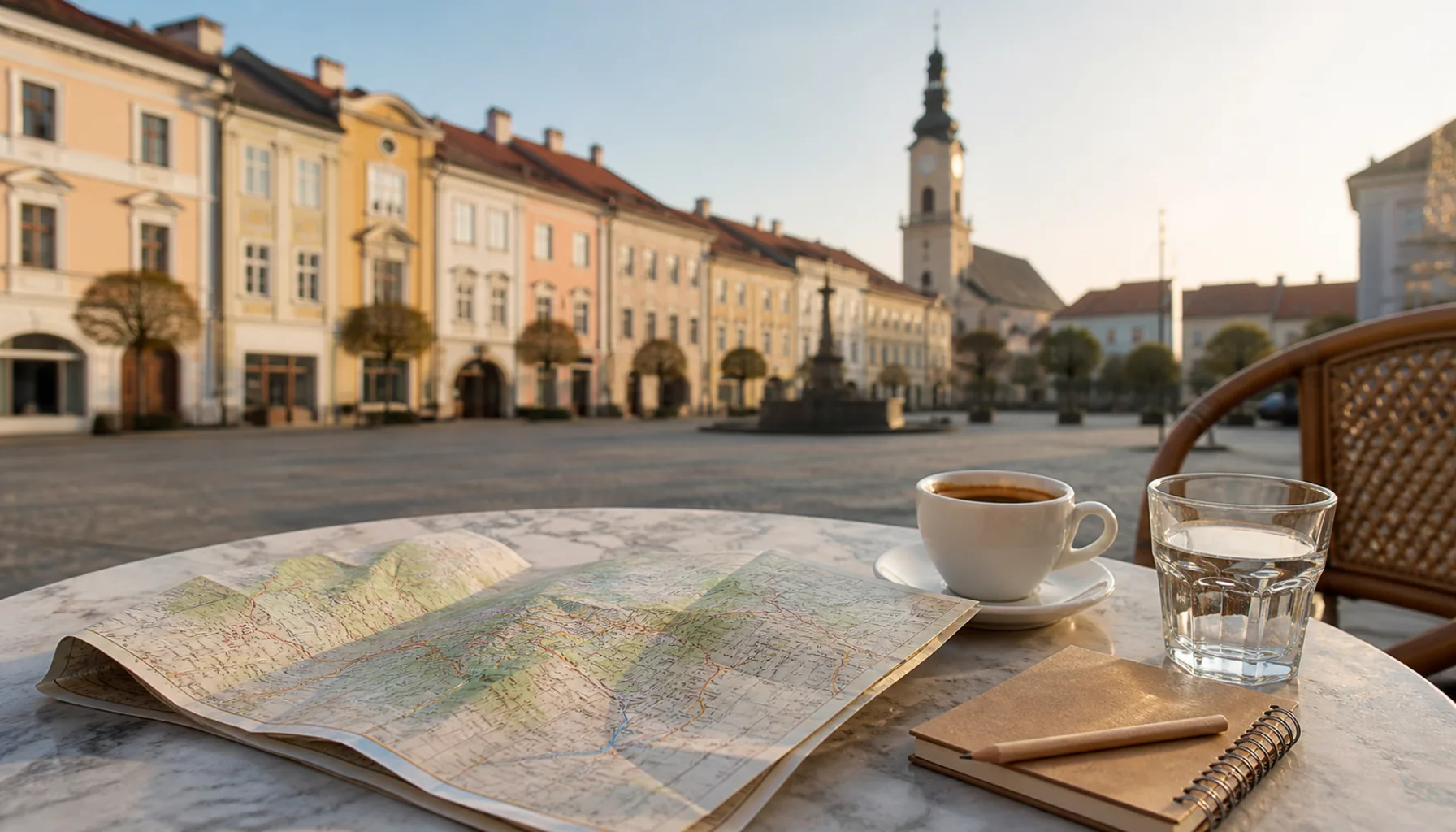 A map, a notebook and a coffee on a café table in a Slovak town square