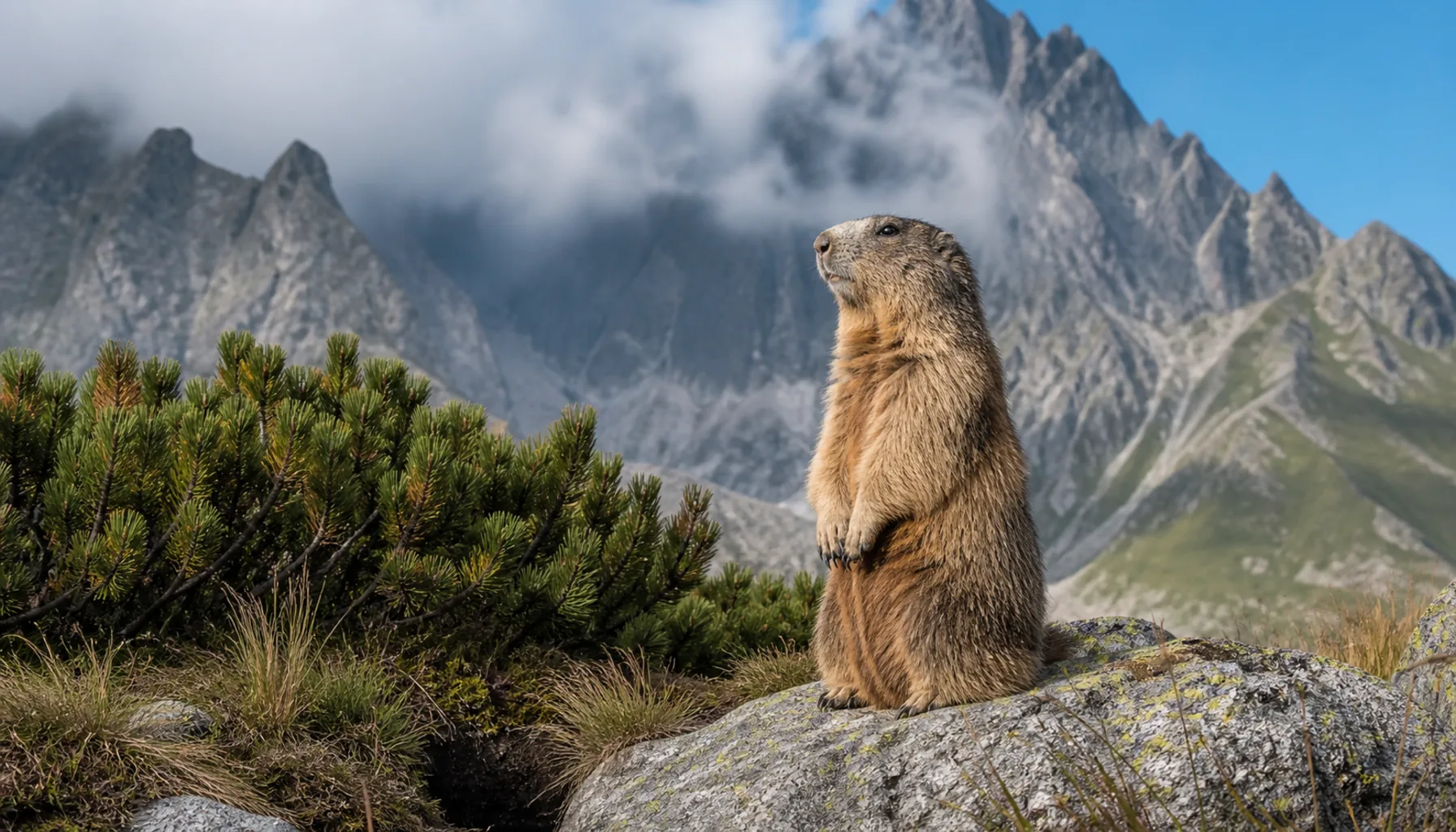 A Tatra marmot on a boulder field above the tree line