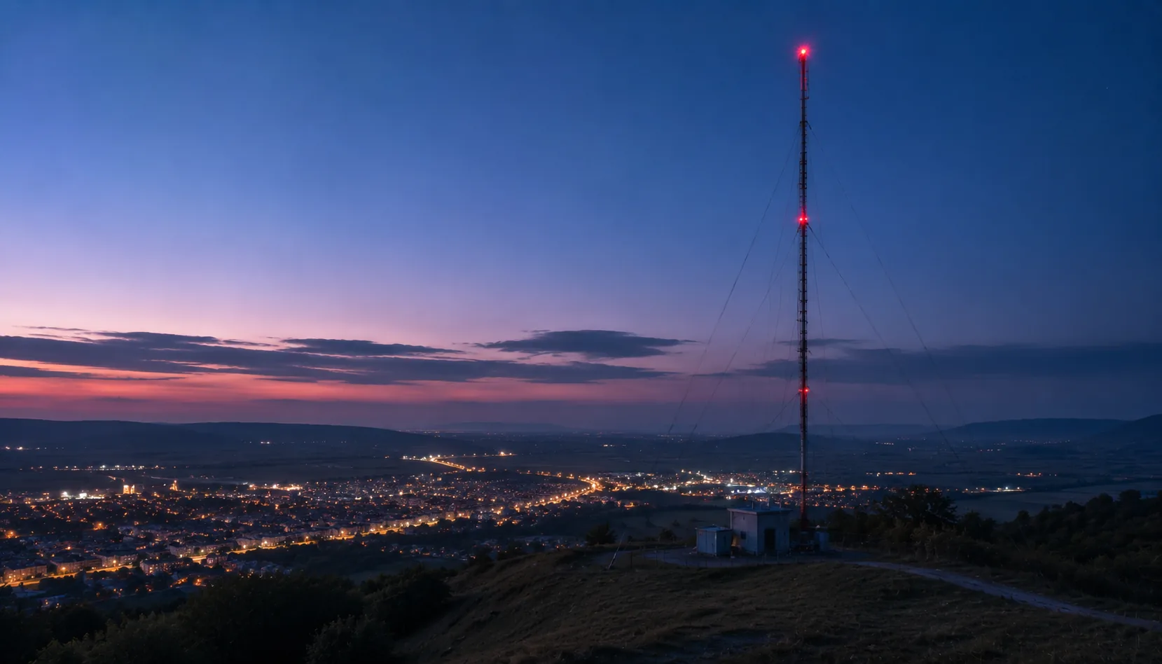 An FM transmitter mast above a small town at dusk