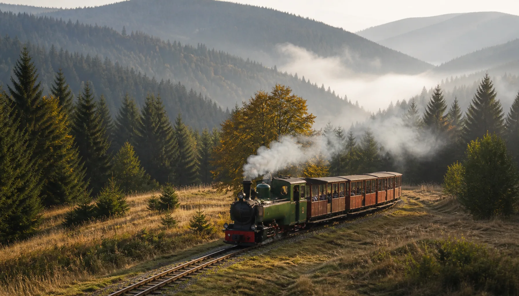 A narrow-gauge line curving through a spruce valley in the Slovak mountains