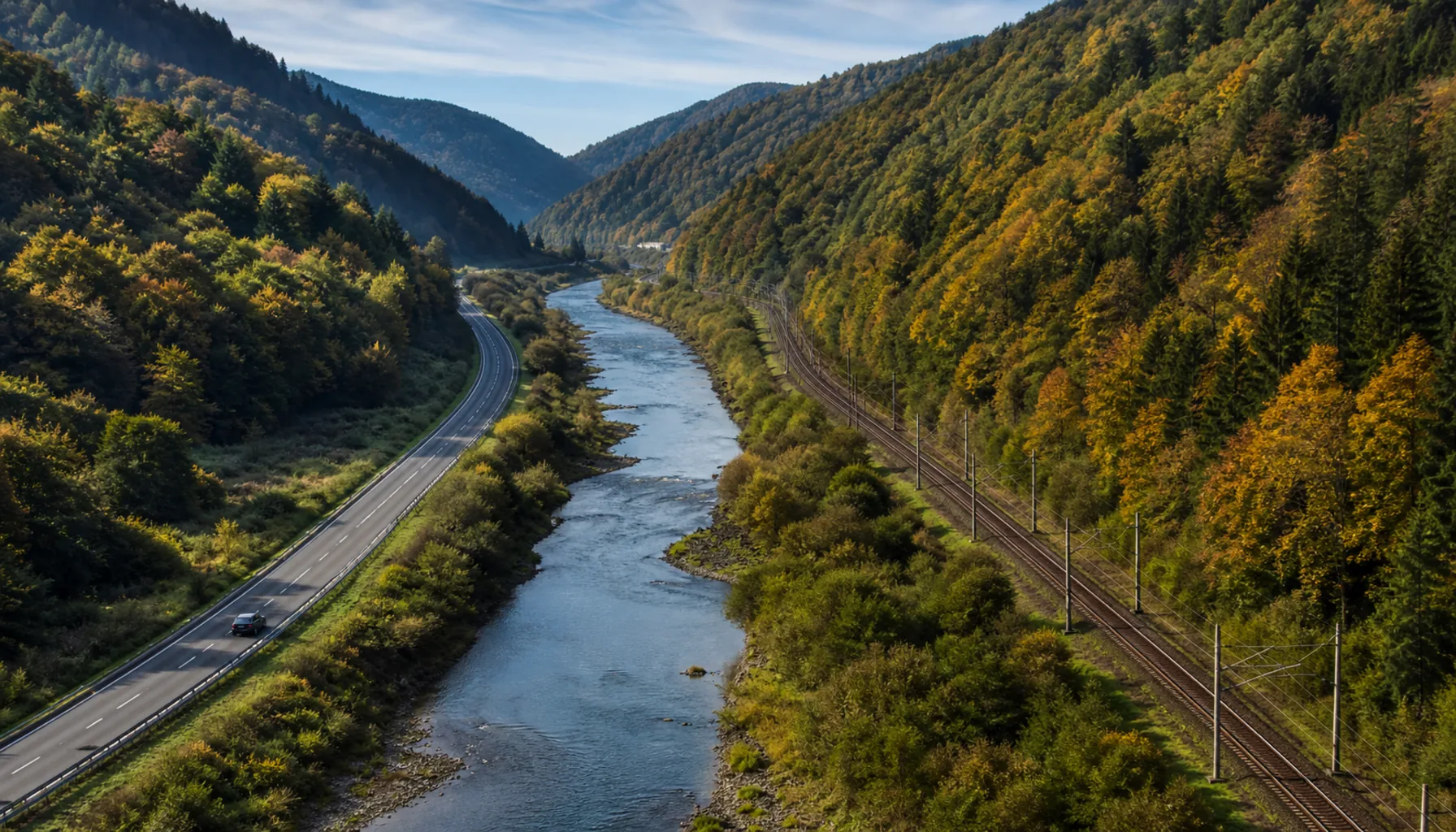 A road and a railway running together along the Hron valley between Zvolen and Banská Bystrica, with wooded hills on both sides
