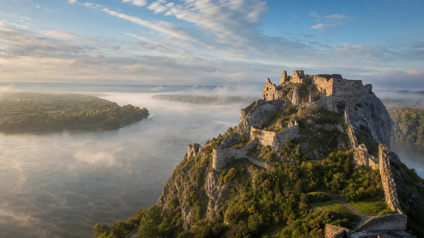 Devín Castle on its crag above the meeting of the Morava and the Danube