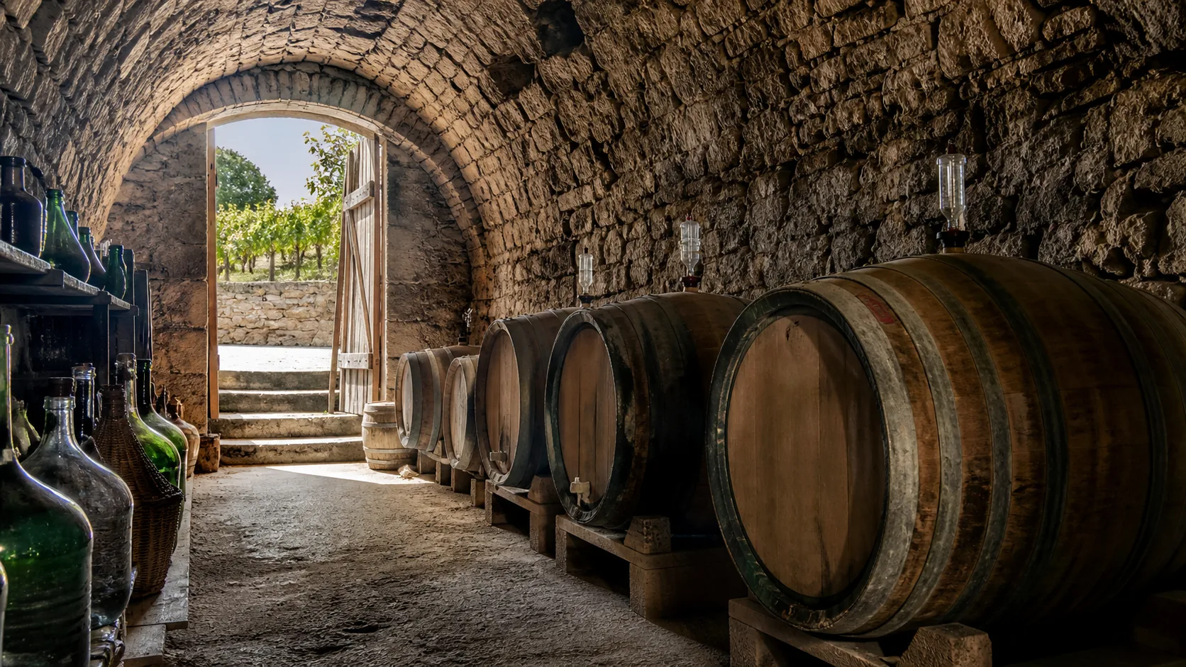 Barrels and bottles in a family wine cellar near Pezinok