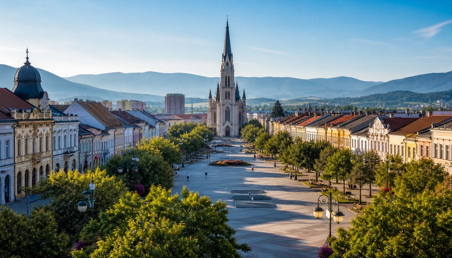 The elongated square of Spišská Nová Ves under the Spiš sky