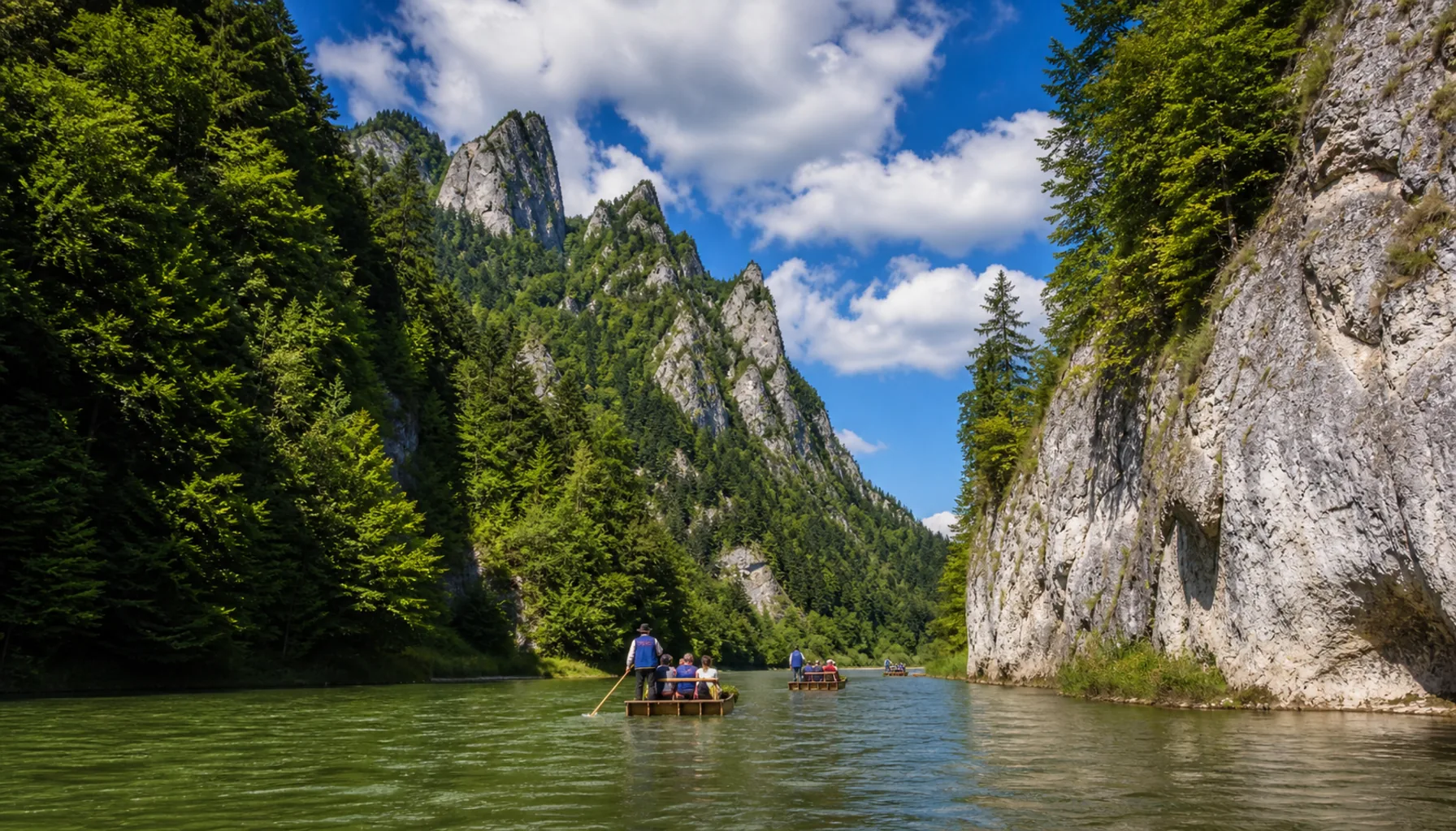Wooden rafts on the Dunajec beneath the Pieniny cliffs