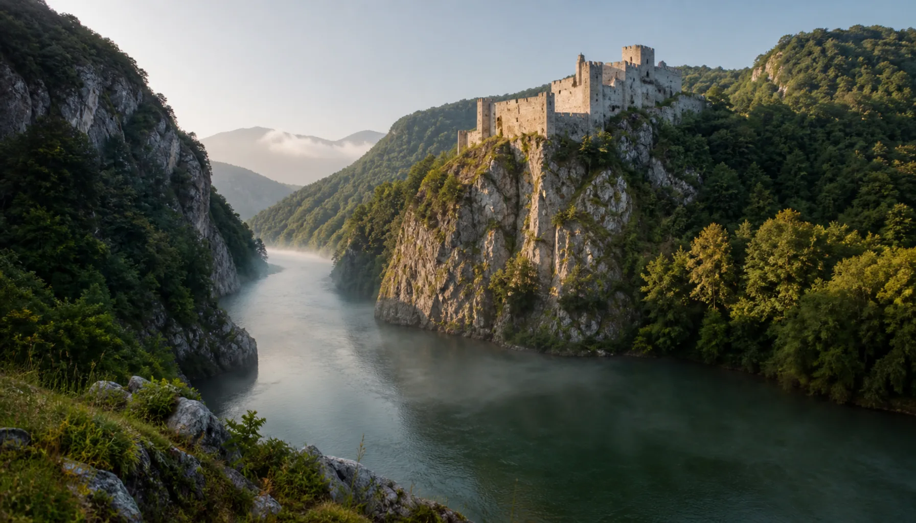 The Váh squeezing through the Strečno gorge beneath the castle crag